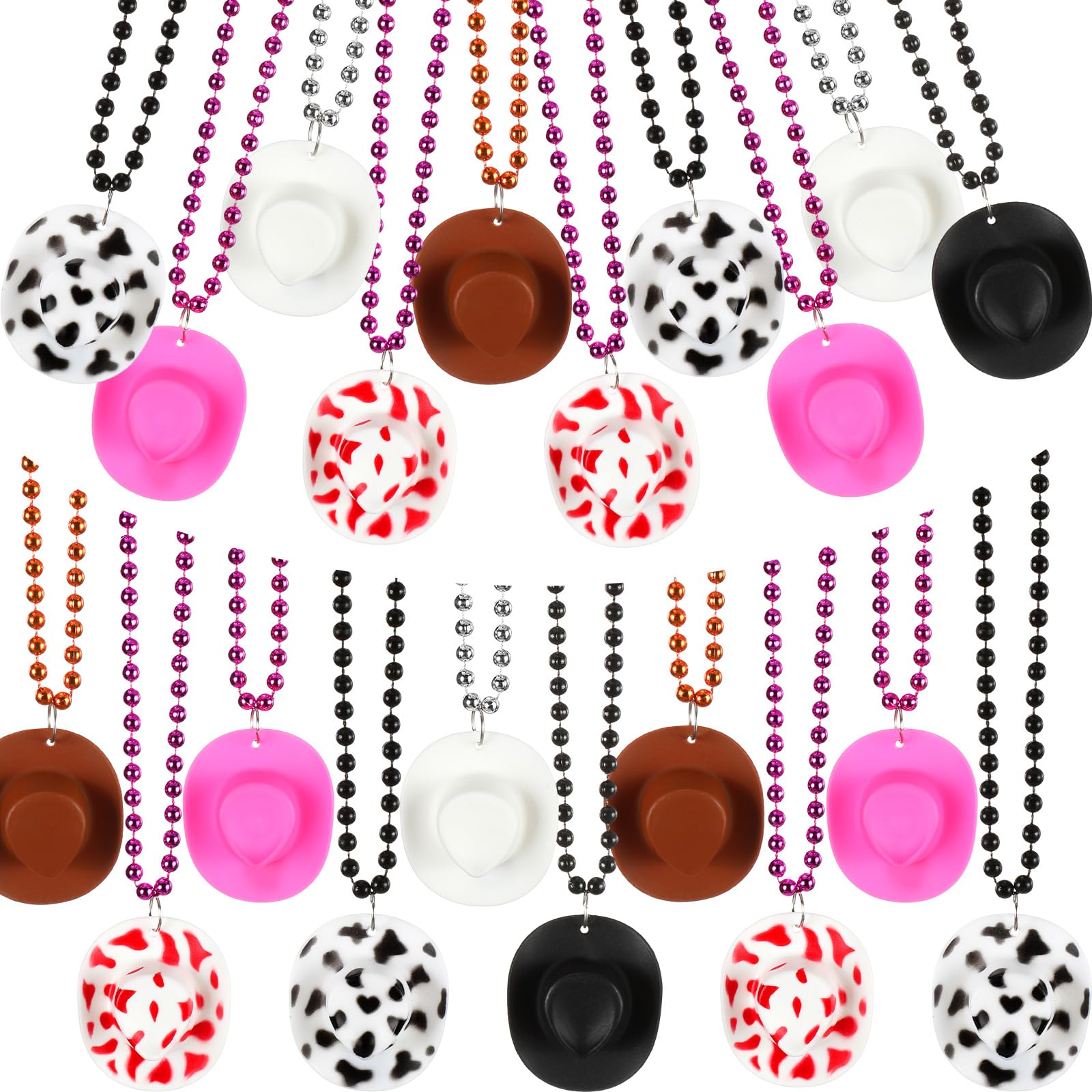 Soulchen 24 Pcs Plastic Mini Cowboy Hat Bead Necklace Multicolor Tiny Western Cowboy Cowgirl Hats Necklace for Party Accessories Dress up Party Supplies
