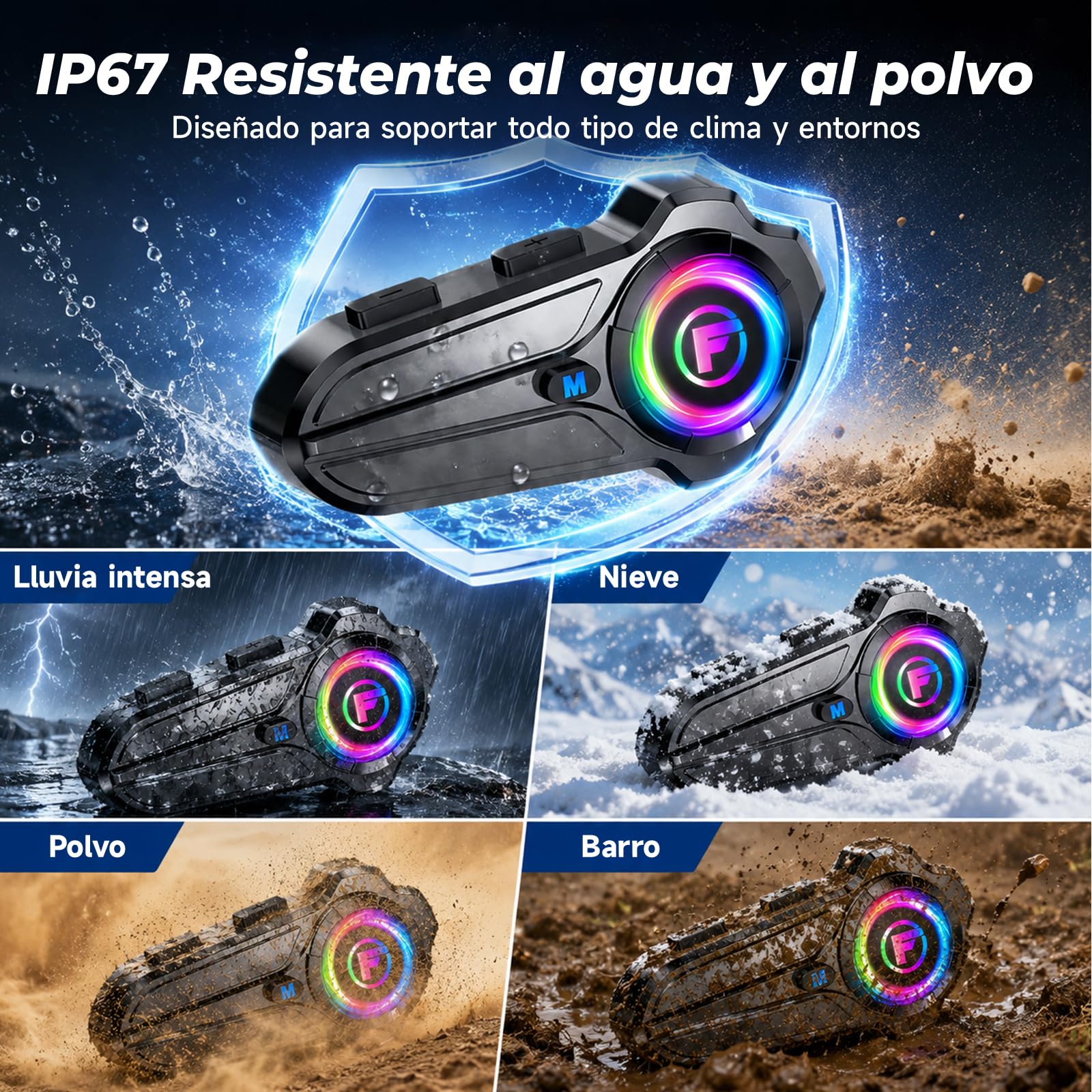 F10Pro Intercomunicador Casco Moto para 2 Personas, Comunicador Casco Moto Bluetooth 5.3, Emparejamiento Universal, Alcance de 1000m, Cancelación Inteligente de Ruido, IP67, Llamadas Manos Libres