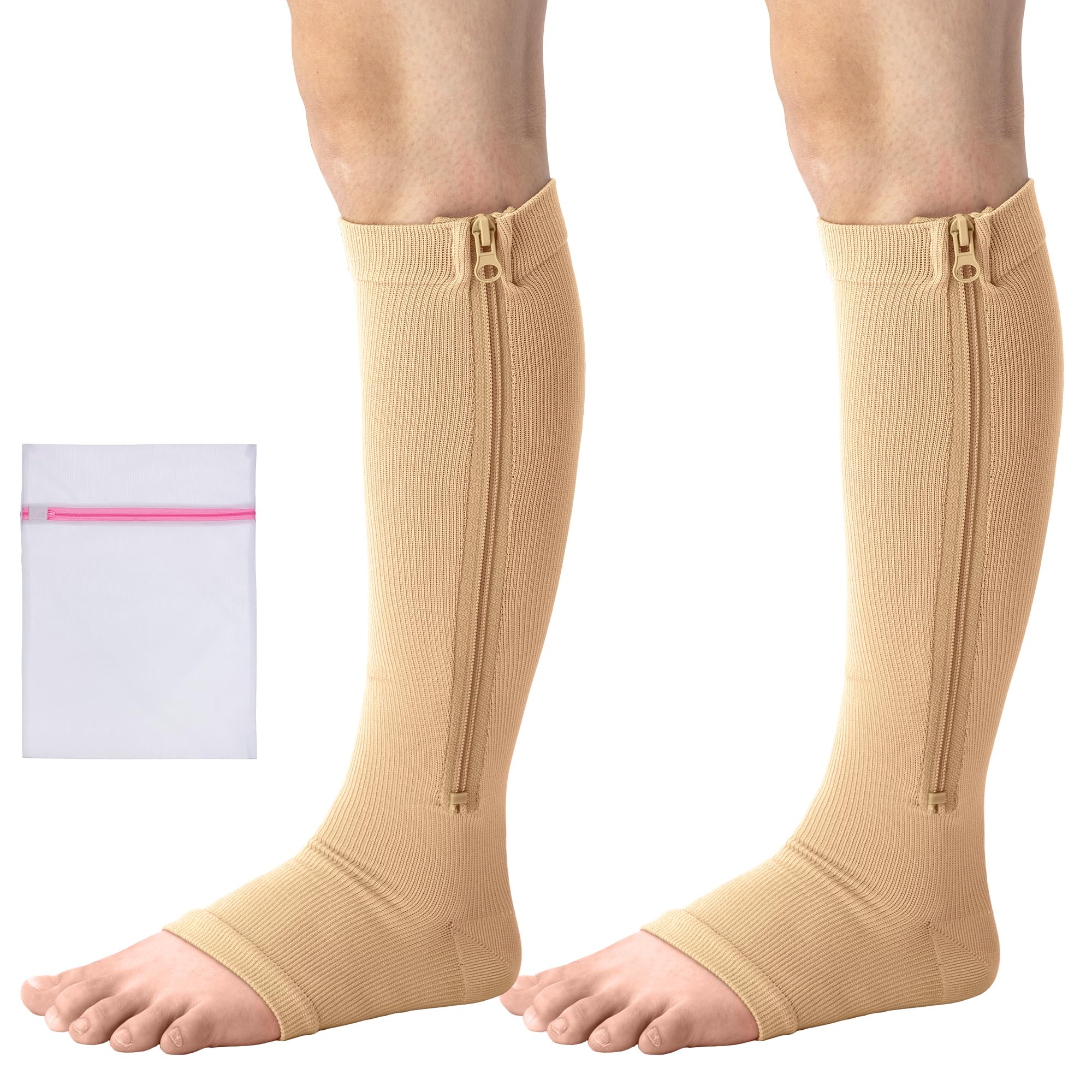 360 RELIEF 2 Pairs Zipper Open Toe Medical Compression Socks Support | Edema, Pregnancy, Swollen Legs, Travel, Flight, Work, Nurse, Varicose Veins | S/M, Beige with Mesh Laundry Bag |