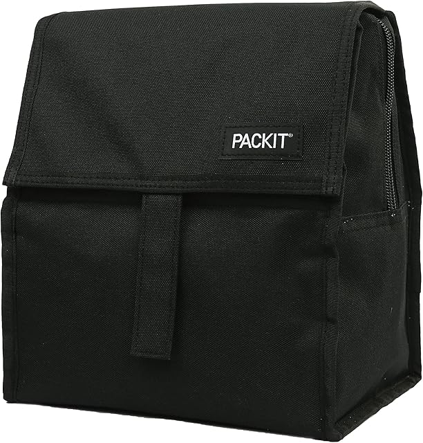 Packit Freezable and Foldable Lunch Food Cooling Bag with Gel Lining and Zip Opening, Fabric, Black