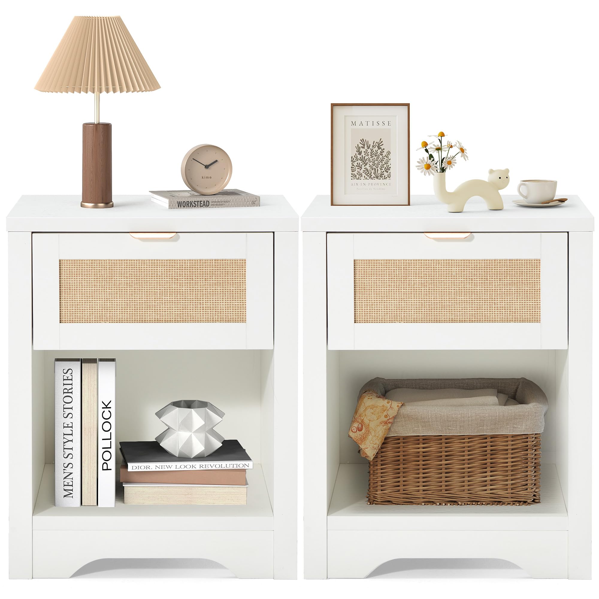 HOMREST Night Stand Set of 2,Modern Farmhouse Nightstands with Drawer & Open Storage Shelf, Wood Rattan Bedside Table with Metal Handle & Sturdy