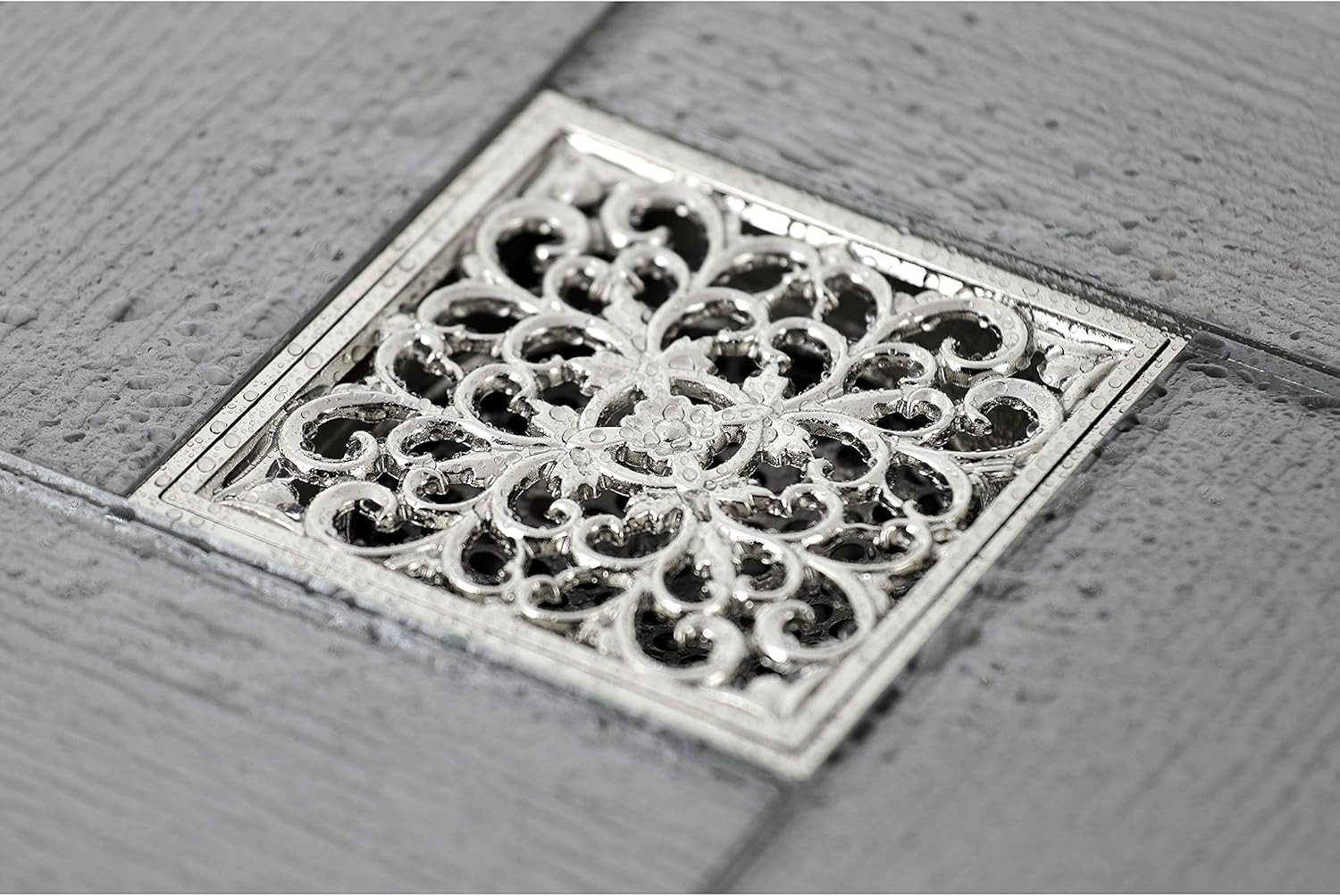 Scroll 4" Brass Square Grid Shower Drain with Hair Strainer, Polished Nickel