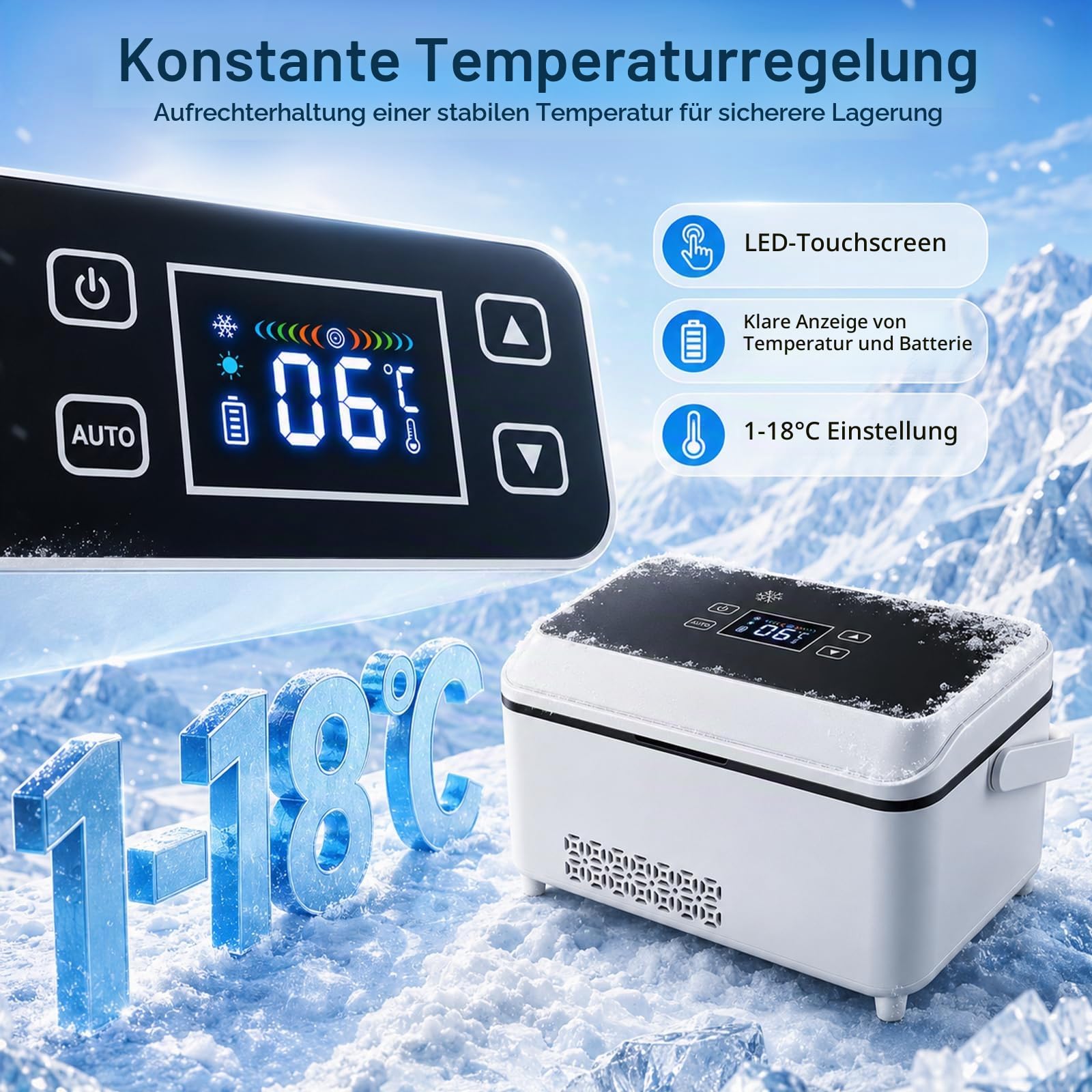 Insulin Kühlbox Elektrisch, Tragbare Insulin Kühlbox mit LCD-Temperaturanzeige und 2 X 13600mAh Akku (mit Griff) für 12 Pensn, 2–8 °C Einstellbar für Auto, Reisen und Außenbereich(Weiß)