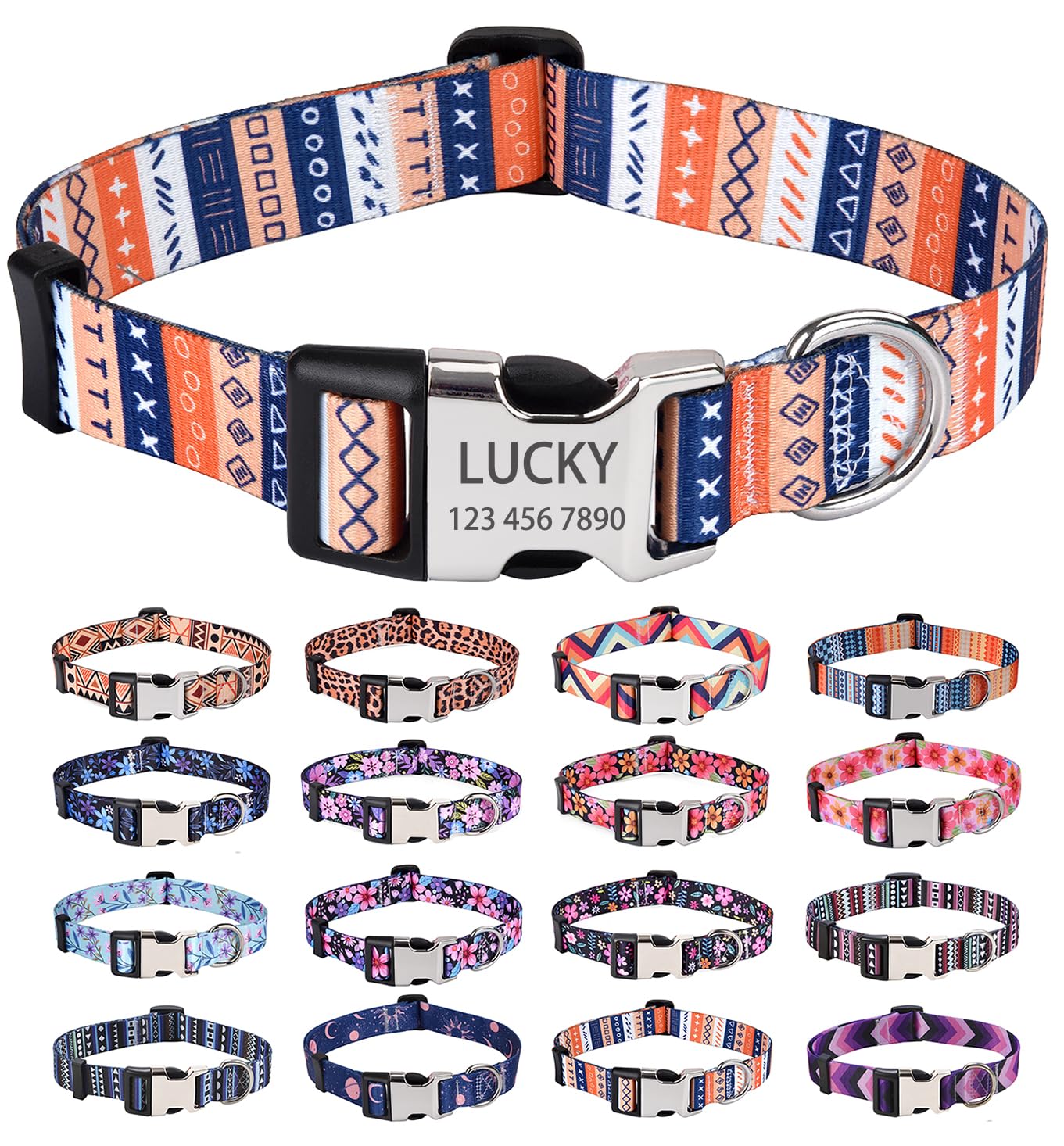 HQYDDMI Personalized Dog Collars - Customized Floral Geometry Dog Collar with Name and Phone Number - Adjustable for Small Medium Large Male Female Boy Girl Dogs(Symbol,L)