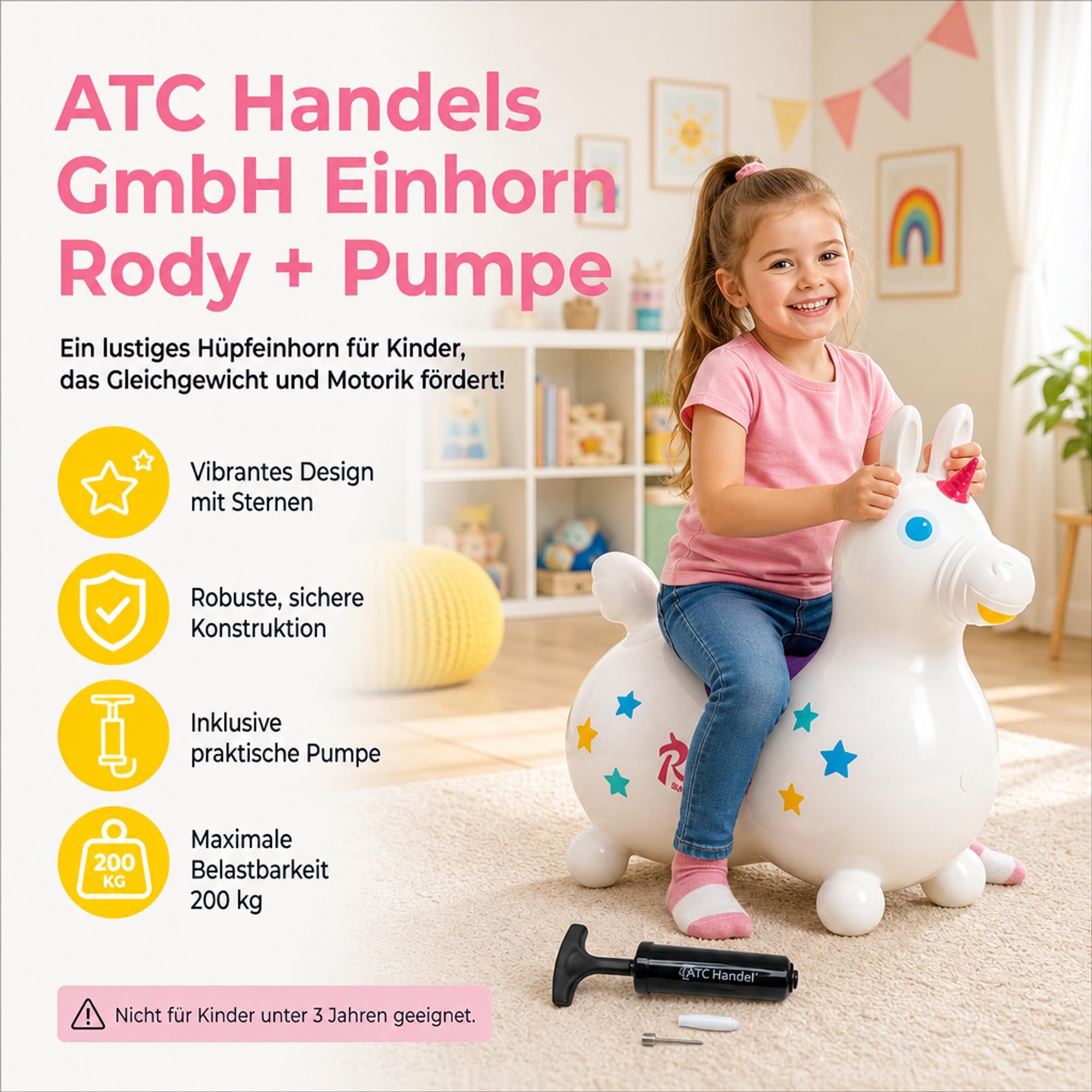 ATC Handels GmbH Einhorn Hüpfpferd Rody – Aufblasbares Hüpftier ab 3 Jahren – inkl. Ballpumpe (rosa)