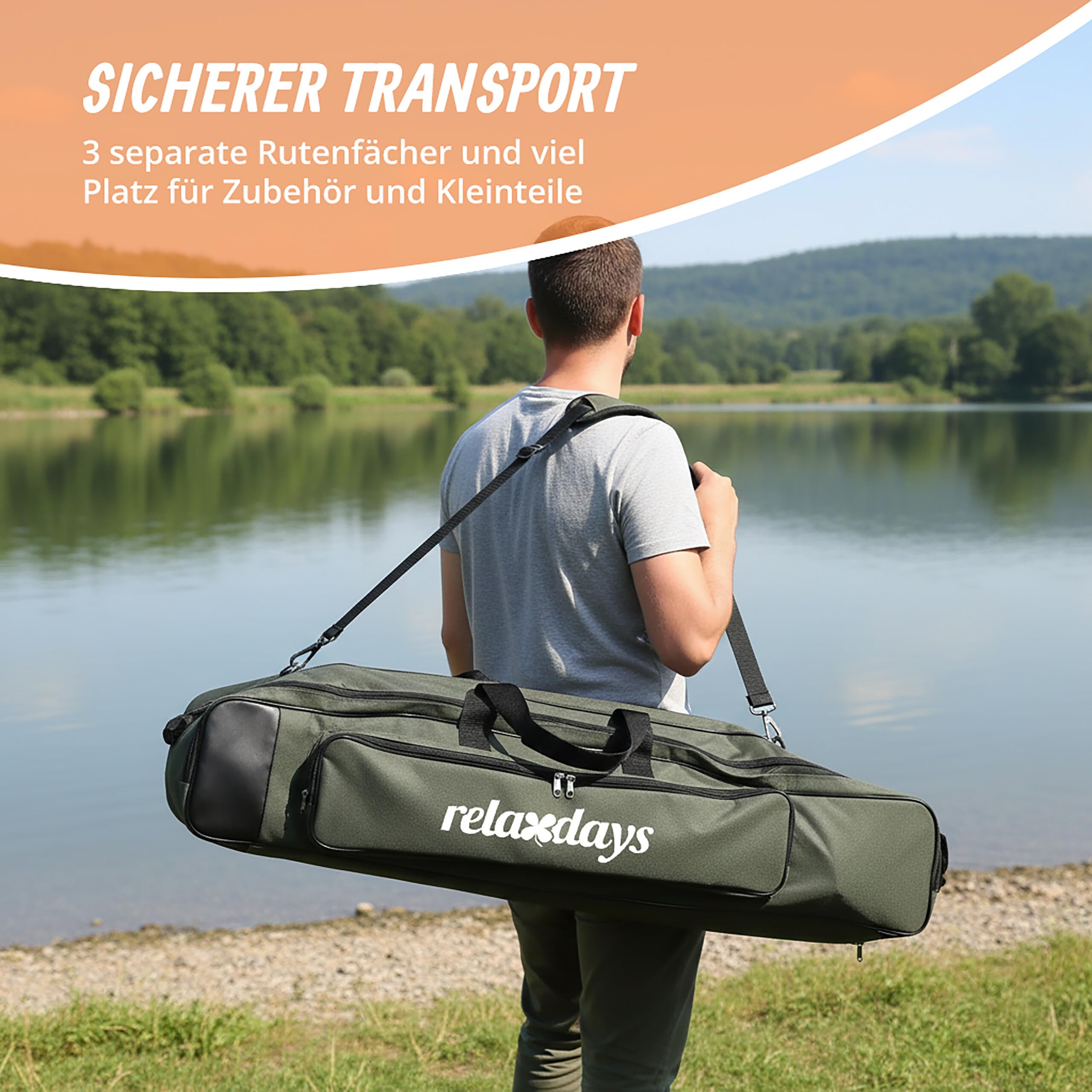 Relaxdays Angeltasche, Rutentasche, für 3 Ruten, 5 Fächer, gepolstert, Angelzubehör, groß, 1200D Oxford