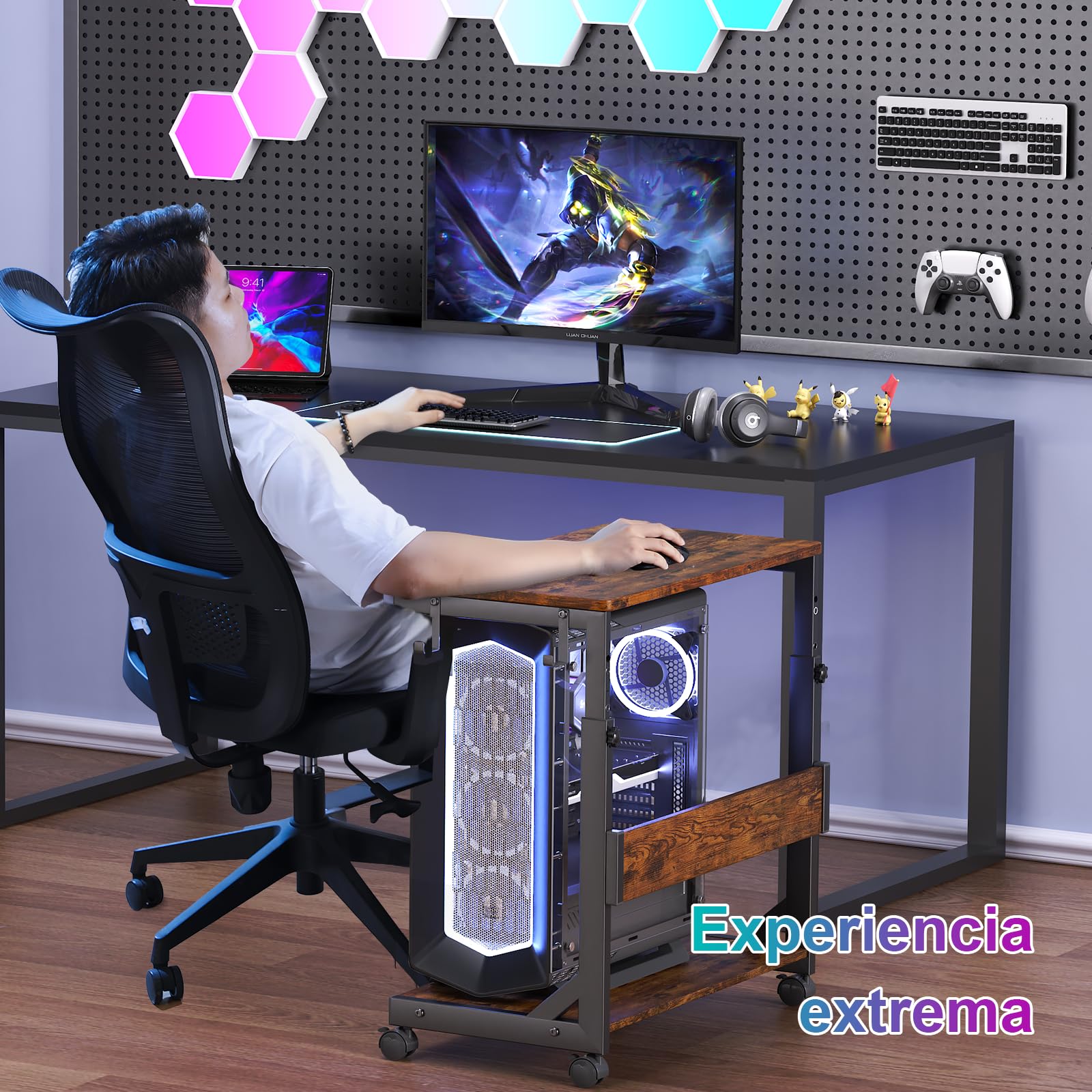 Soporte de torre para computadora de altura ajustable con carrito ATX de 2 niveles, soporte de computadora de pie, soporte de impresora con espacio de almacenamiento, ruedas de bloqueo, se adapta a la
