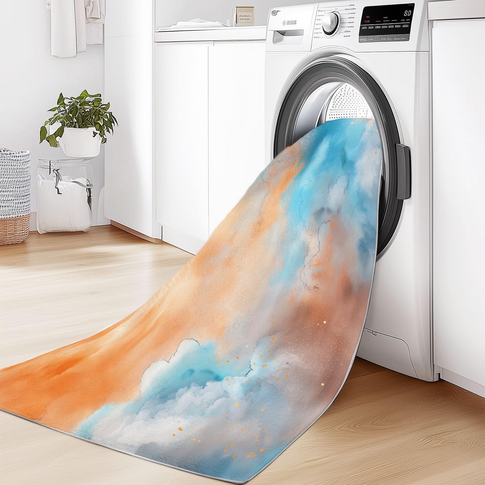 Tapis Descente de Lit 80 x 150 cm, Moquette de Sol Antidérapant et Lavable, Abstrait Art Peinture Nuages - Tapis d'Intérieur Pliable à Poils Courts pour Cuisine, Chambre à Coucher - Orange Clair