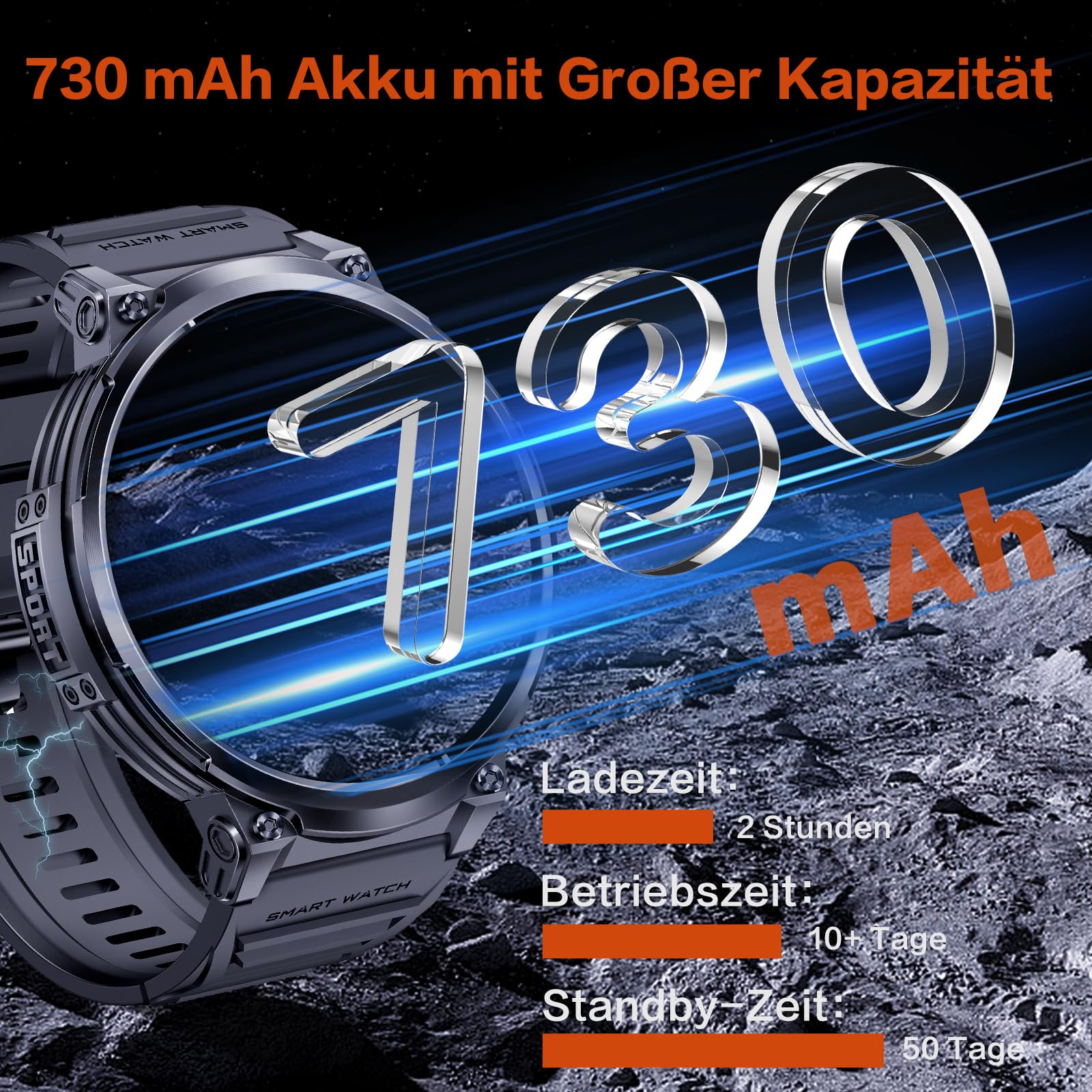 Montre Connectée Homme - 1.85'' HD Grand Écran Montre Connectée avec Torche LED/730mAh/IP68 Étanche, 120 Modes Sportifs, Moniteur de Fréquence Cardiaque/Sommeil/Sp02, Smartwatch Homme pour Android iOS