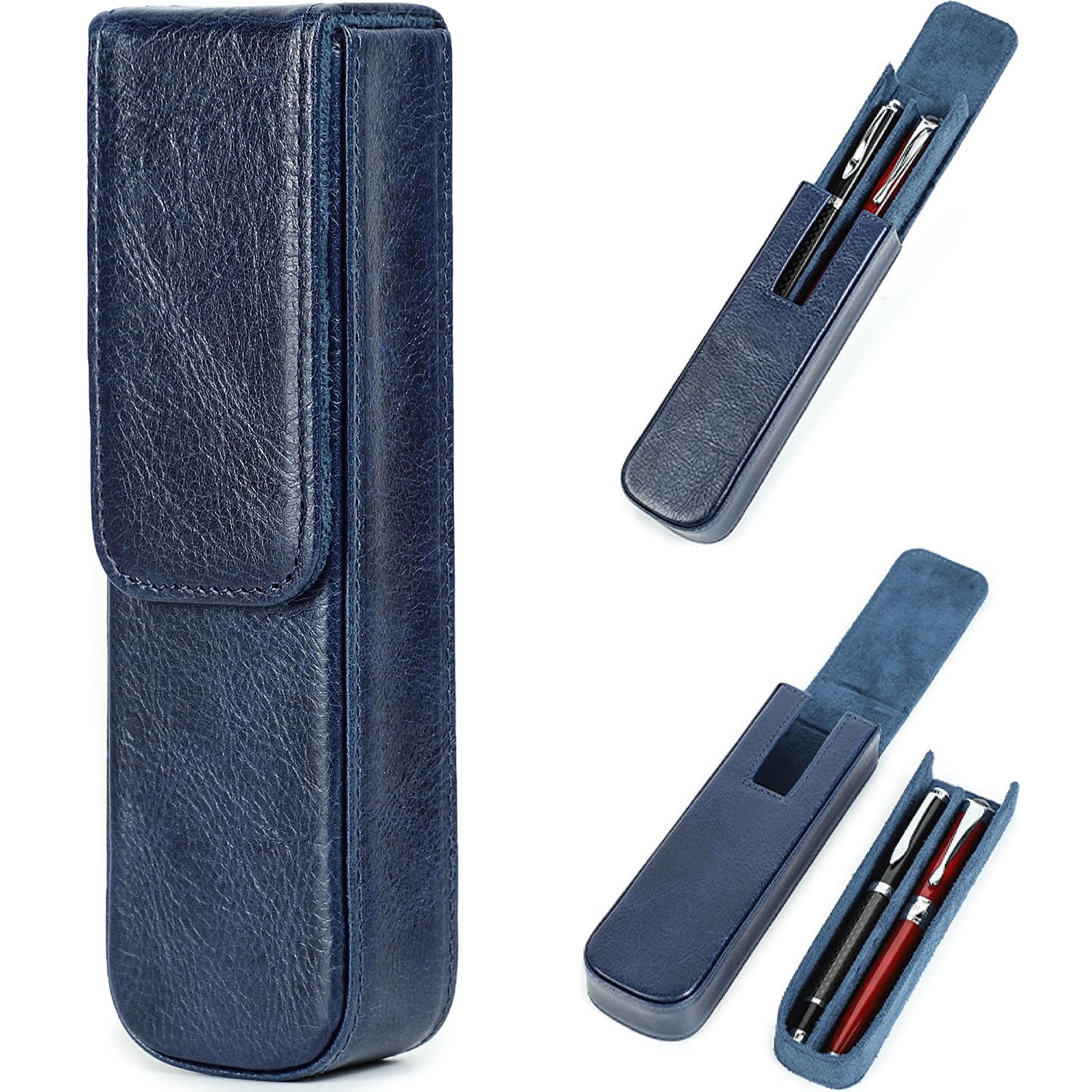 CataPurus Top Grain Genuine Leather 2 Pen/Pencil Tray Case Holder, Minimalist Fashion Design, Handmade, Magnetic Closing with Drawer Design, Gift Choice for Man/Woman/Office, Glossy Blue, 2 Slots — image 1