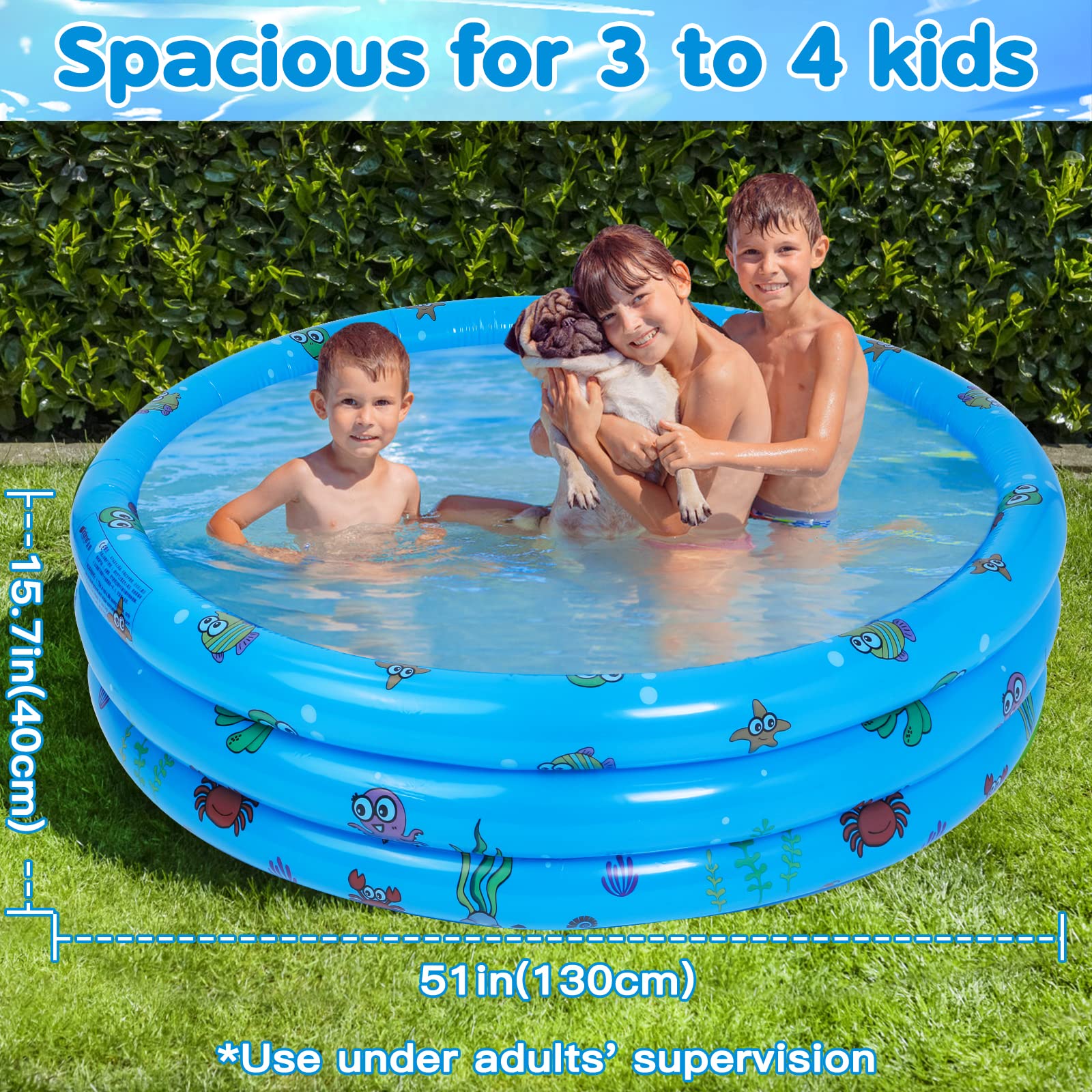 Highttoy Planschbecken für Kinder, 51 Zoll Runder Aufblasbarer Kinderpool, Planschbecken Baby Schwimmbecken Kinder Außen Garten Wasser Spielen Pool, Blau(130 x 40cm)