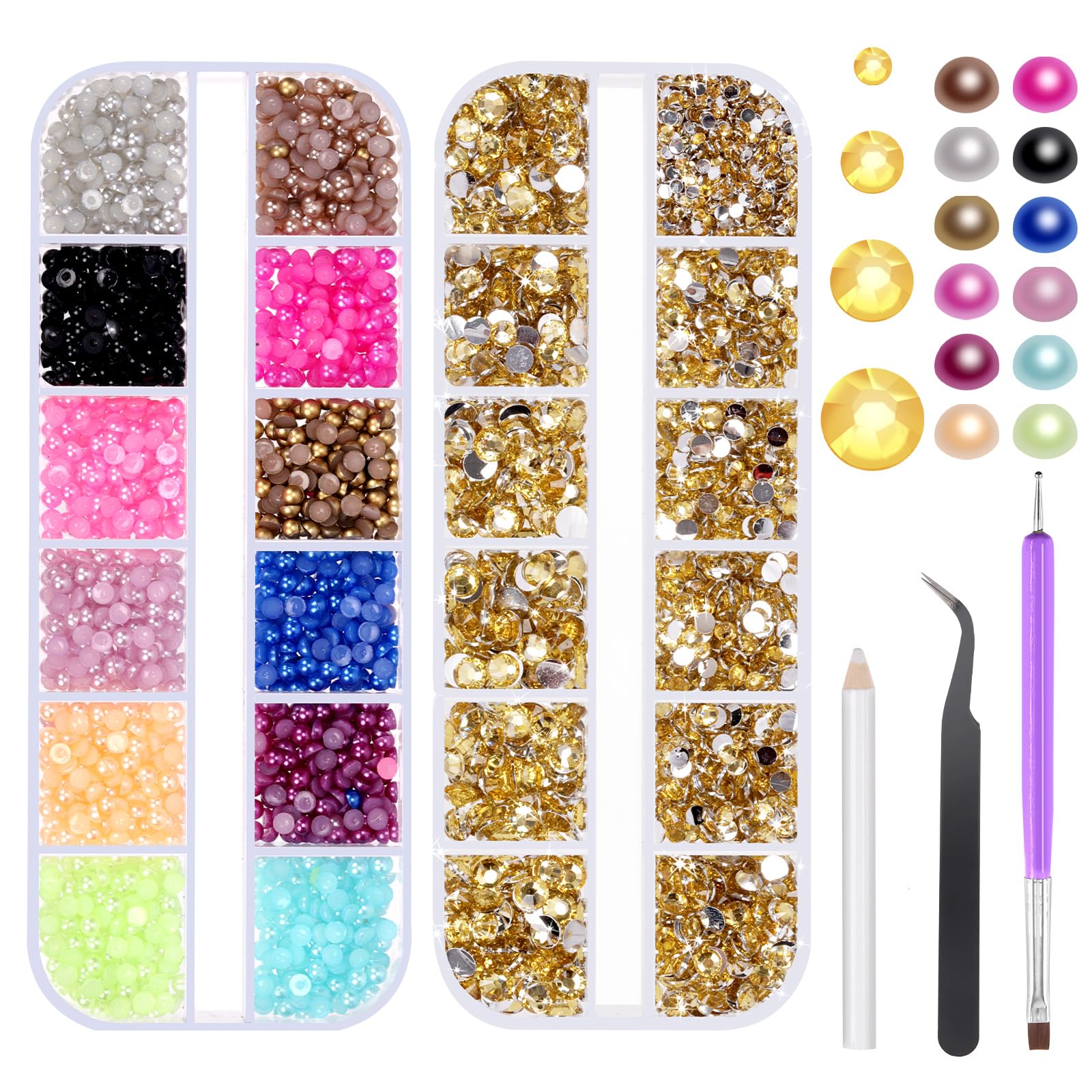Swpeet 4403 PCS 2mm 3mm 4mm 5mm jaune cristal plat strass et 12 couleurs 3mm demi - cercle arrière plat Pearl combo Kit, y compris tweezer dot Tool Picking Pen, idéal pour la manucure bricolage
