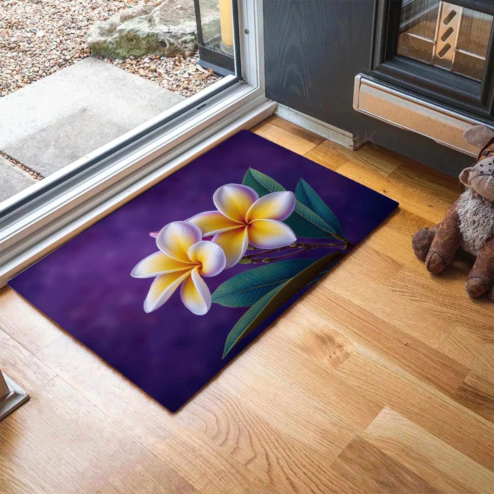 Tapis de bienvenue antidérapant fleurs réalistes paillasson violet grand format