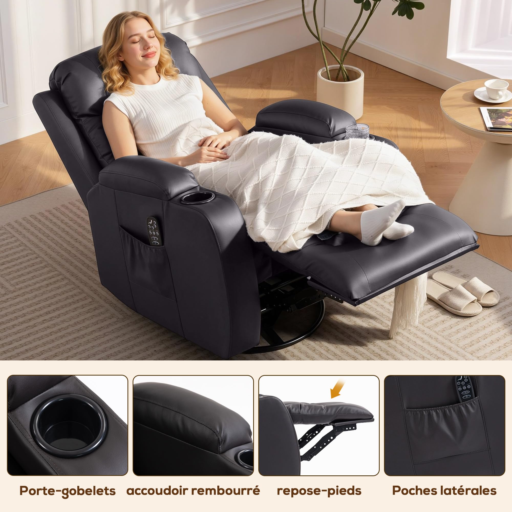 HOMCOM Sillón reclinable Ajustable con calefacción, Marrón Oscuro | Sillón de masaje, TV giratorio con mecedora, portavasos, bolsillo, temporizador, cuero sintético, para salón