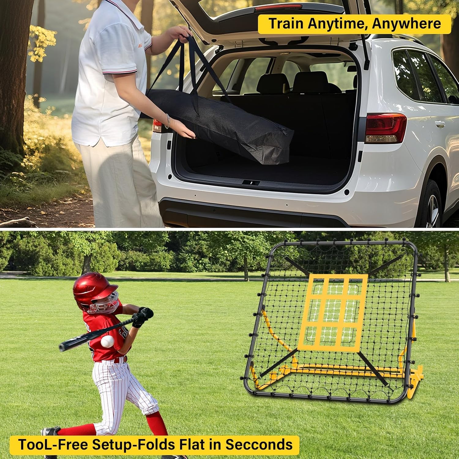 Utheer Baseball Rebounder Net 4x4.5FT Pitch Back Trainer with Strike Zone & 9-Grid Target for Baseball Softball Soccer Volleyball Lacrosse - 3 Adjustable Angles | Steel Frame UV Net | Foldable