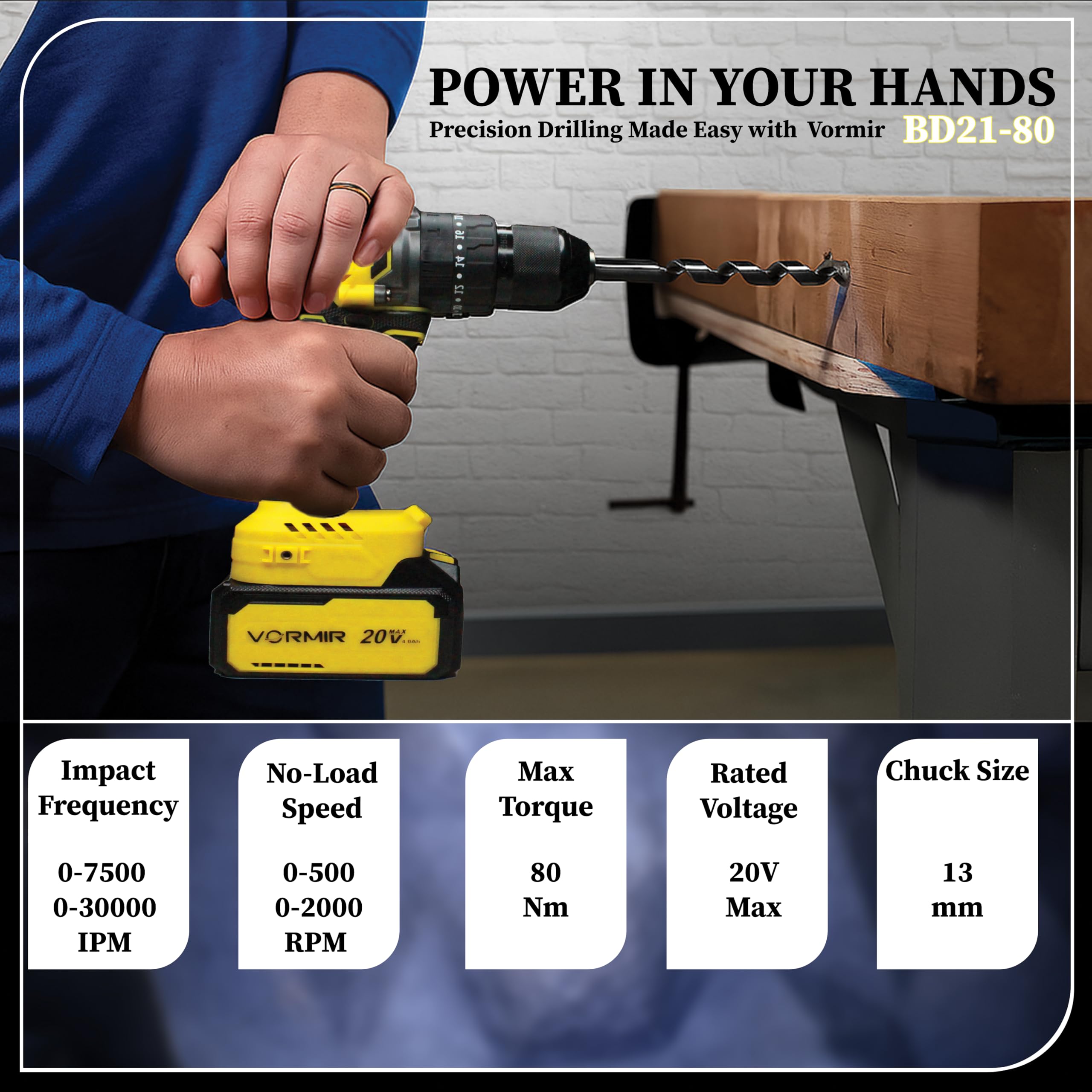 IBELL VORMIR VR BD21-80 20V Max Brushless Cordless Impact Drill | 80 Nm Torque | 0–2000 RPM | 30000 IPM | 13mm Metal Chuck | 2-Speed | 20+3 Mode Settings | 4.0Ah Battery | BMC Box 3