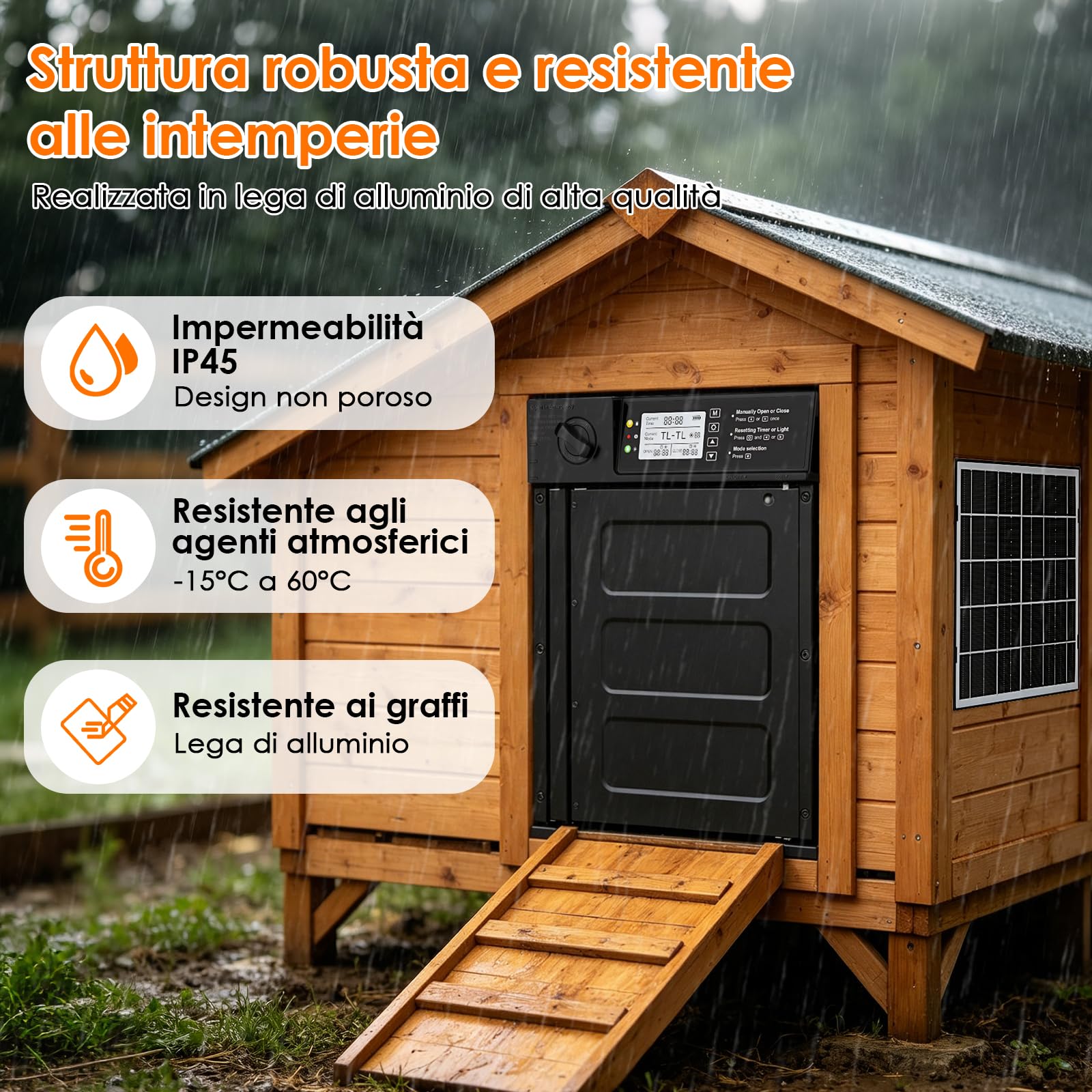 Porta Automatica Pollaio Solare, Aluminum Grande Porta Pollaio con Telecomando, Sensore di luce e Timer, Anti-Schiacciamento
