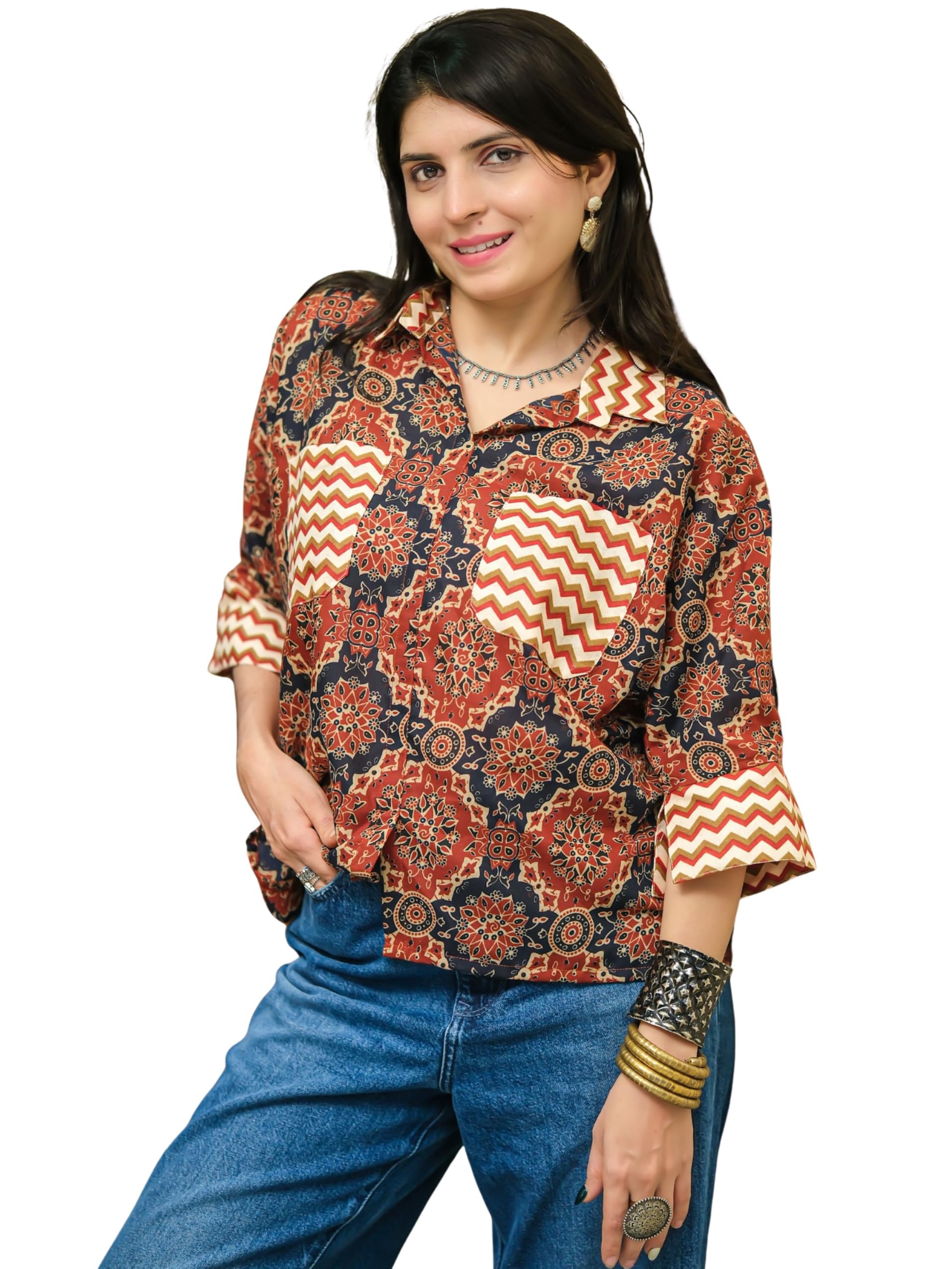 Anouk Women's Cotton Blend Ajrak Print Shirt Style Top | Casual top | Office wear Top in neutral