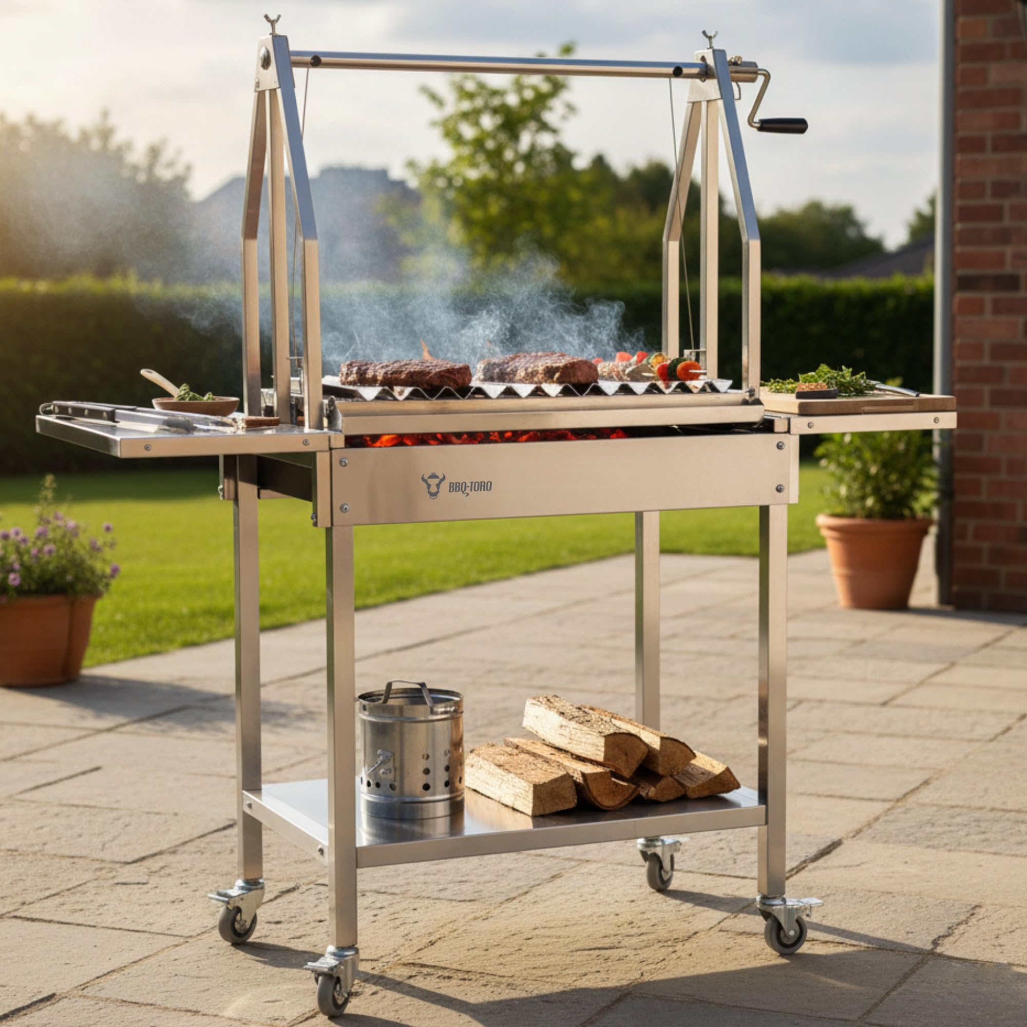 BBQ-Toro Barbecue a carbonella argentina con ripiani laterali, in acciaio inox, 119 x 45 x 135 cm
