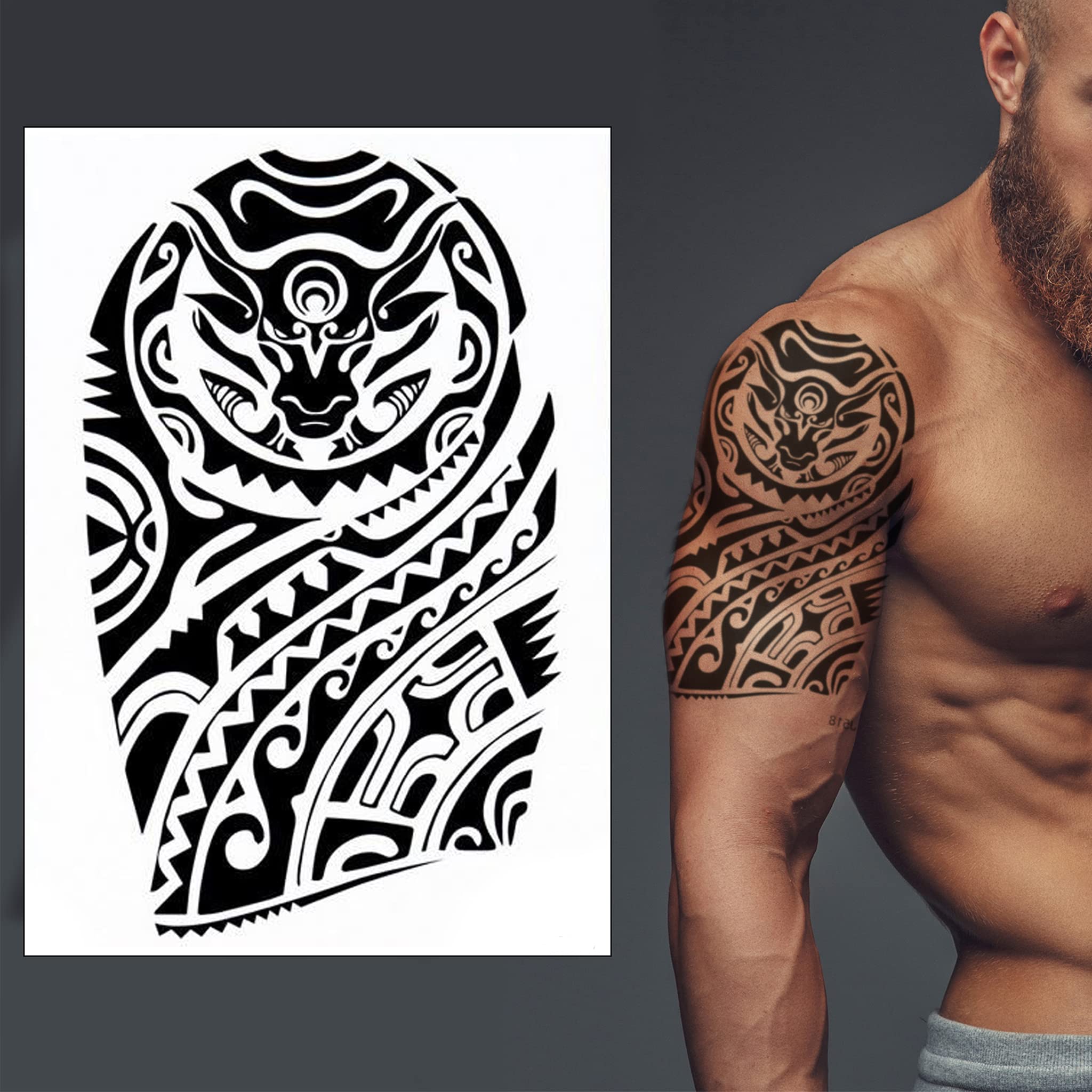 Polynesian Bull Temporary Tattoo Transfer Black Tribal Maori Samoan Waterproof Realistic Arm Body Art Sticker Mens Womens Kids - By Delusion Tattoos