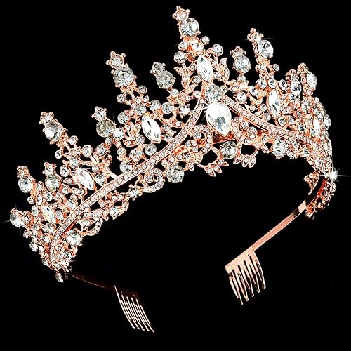 Miniatura 5 de CURASA Tiaras y coronas de cristal de oro rosa con peine corona de princesa para mujer, corona de boda para novia, coronas de cumpleaños para