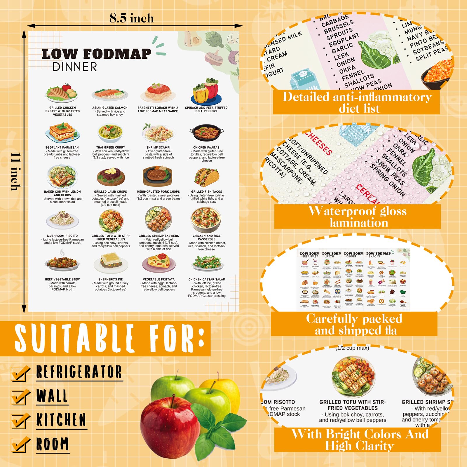 Sinload FODMAP FODMAP Lebensmittelliste FODMAP Mahlzeitenplan Ernährungstabelle laminiert Mahlzeiten-Poster für Darmgesundheit, 12 Stück