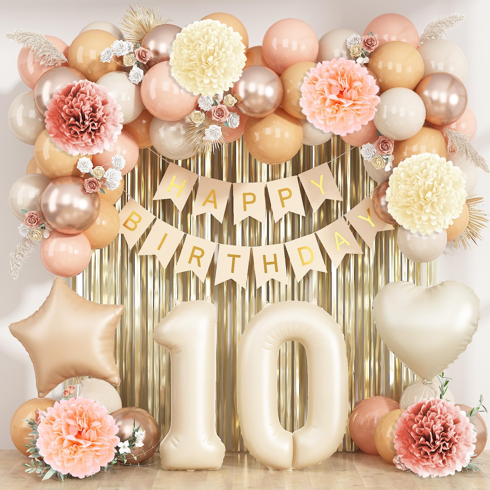 Beige Happy 10th Birthday Party Decoration Girls Cream Number 10 Balloon