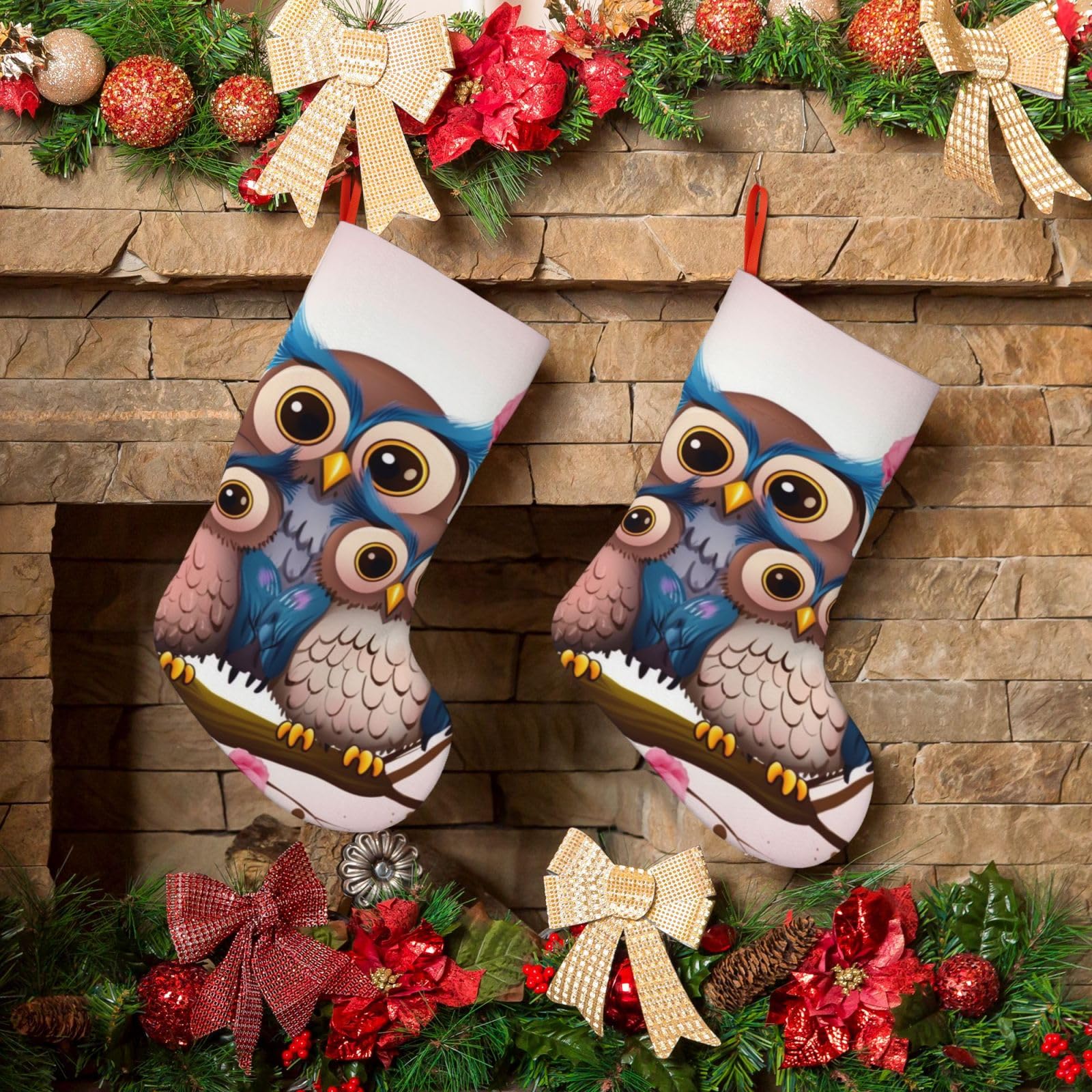 KLOPH Christmas Stockings 18" Personalized Xmas Stocking Cute Owls Decoration Stocking Hanging Fireplace Stocking for Holiday Xmas Tree Christmas Fireplace Decor
