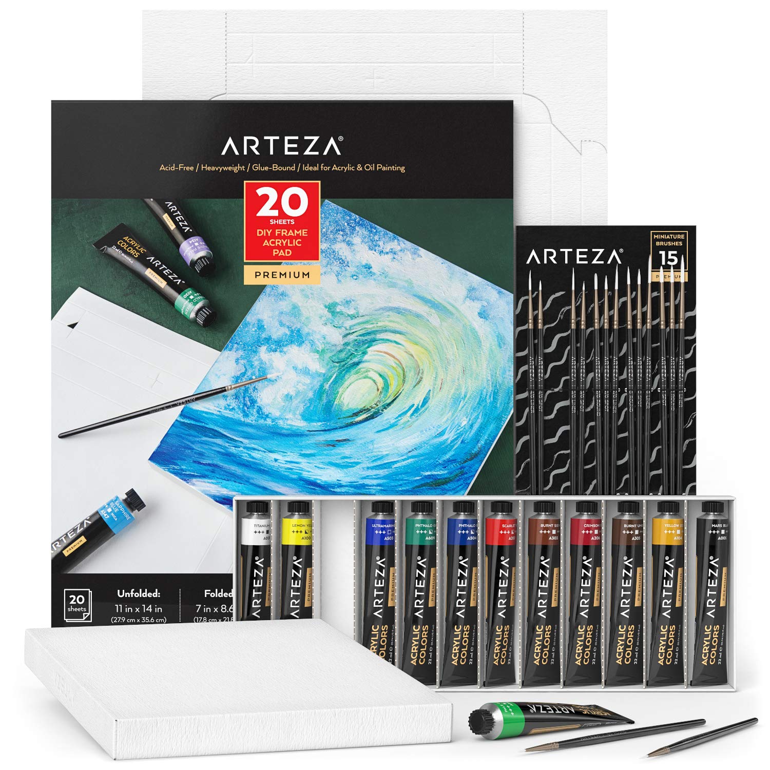 ARTEZAAcrylic Painting Art Set, 12 Colors Acrylic Paint, 15 Detail Brushes and 7x8.6 Inches Foldable Canvas Paper Pad Bundle, Art Supplies for Artists & Hobby Painters