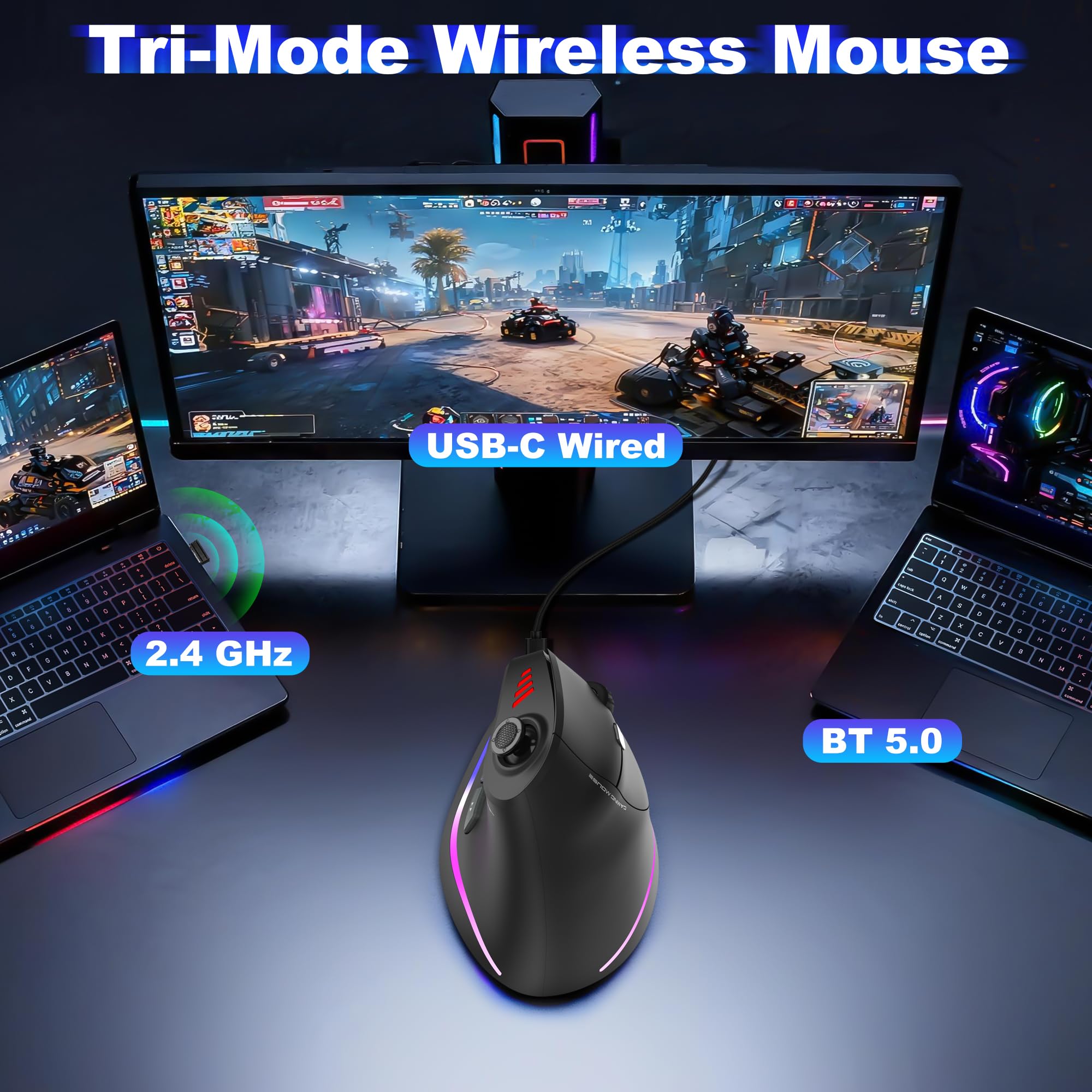 TRELC Ratón inalámbrico para juegos con balancín 5D, 24000 DPI/11 botones programables, mouse ergonómico vertical para conexión de 2 dispositivos (BT+2.4GHz), ratones recargables para PC/portátil