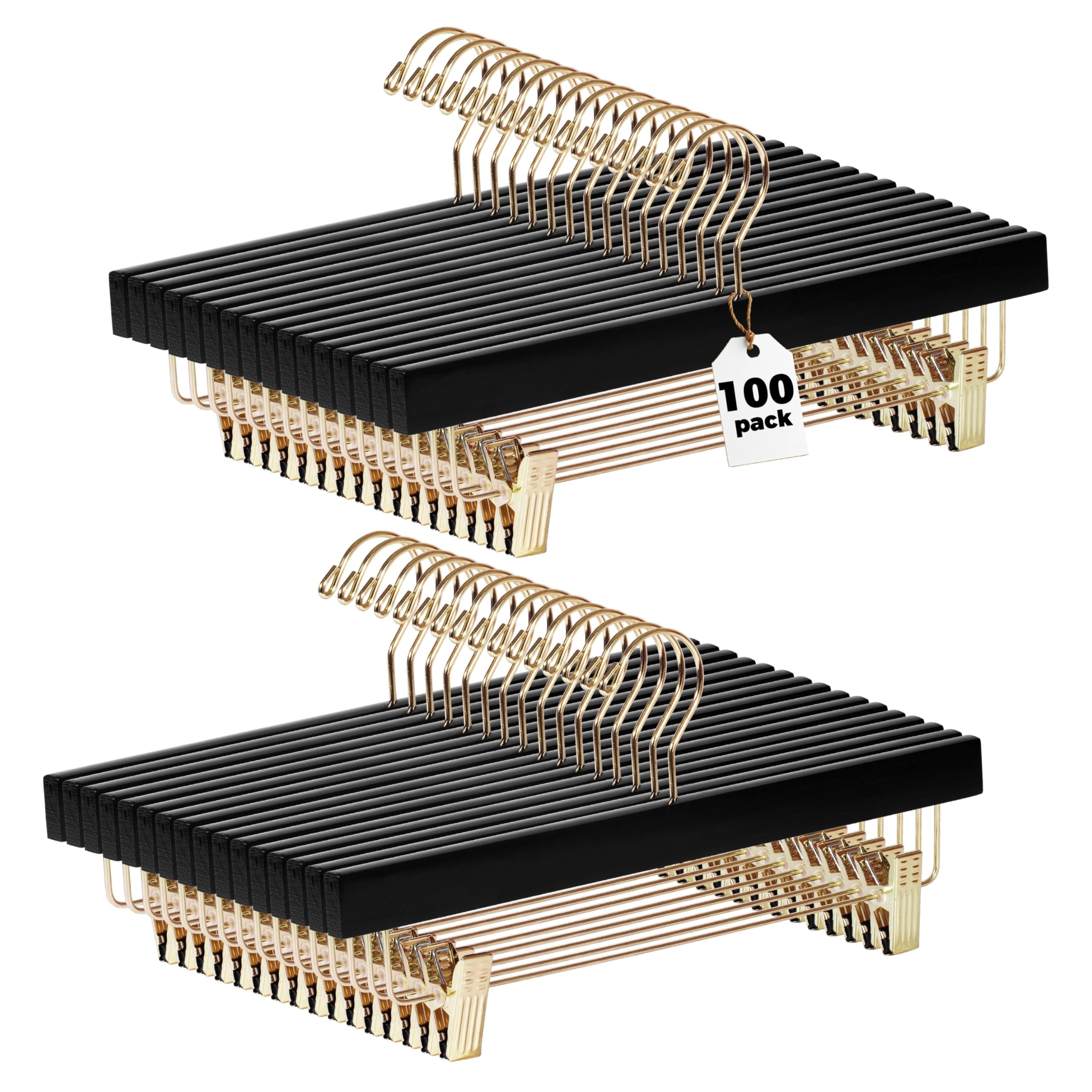 Quality Hangers Wooden Pants Hangers - Multi-Pack Swivel Hook Cloth Hanger Set - Lotus Wood Skirt, Pant, Shorts and Slack Hangers with Adjustable Clip