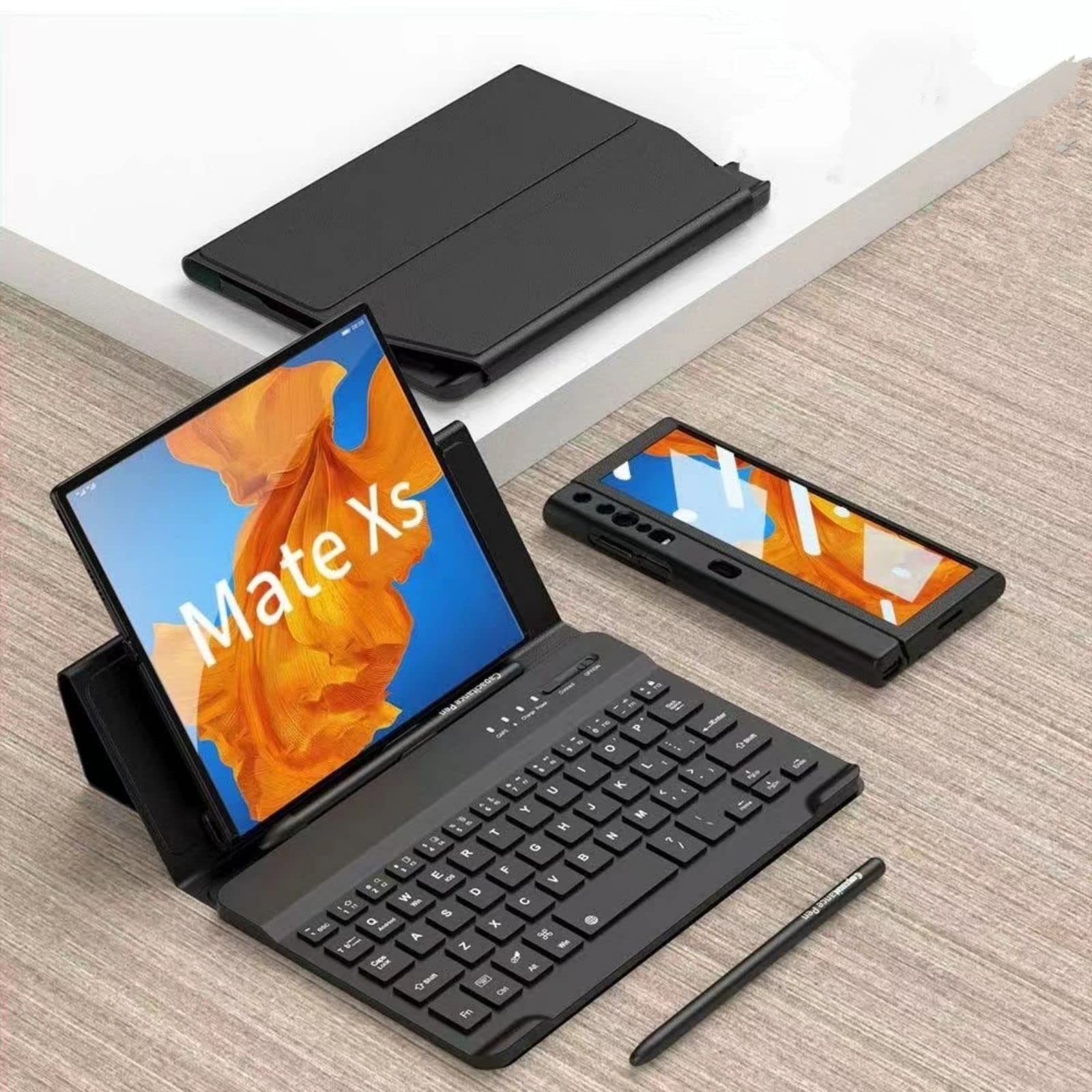 Custodia Mate Xs klawiatura Bluetooth magnetyczne etui z klapką + pióro + otwór na długopis + szklana folia, skórzane etui folio kompatybilne z Huawei Mate X (2)