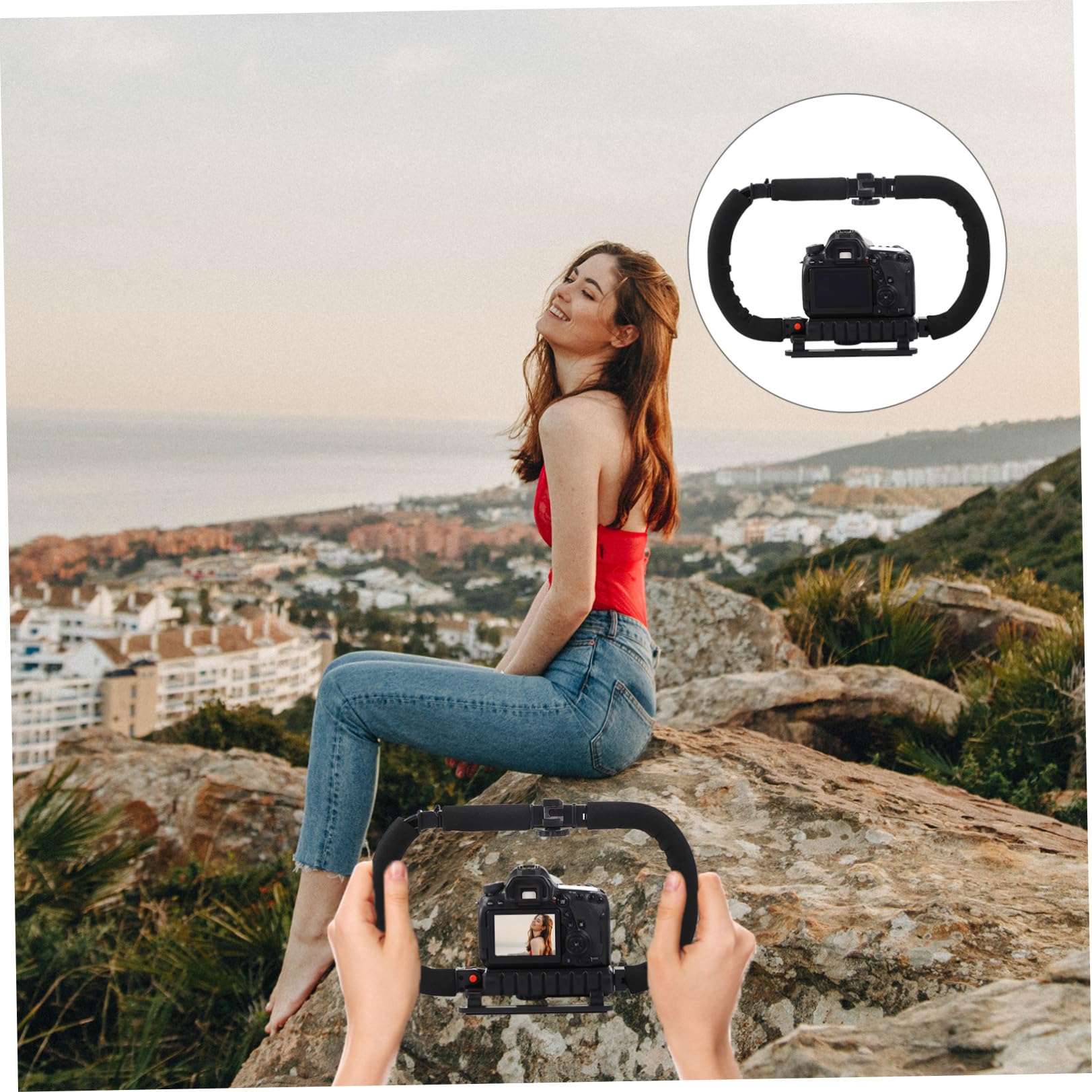 Estabilizador de Cámara DSLR Soporte Lateral Negro, Bloqueo de Ángulo y 3 Zapatas Calientes, Compatible Videocámaras y Teléfonos Móviles para Grabación Profesional