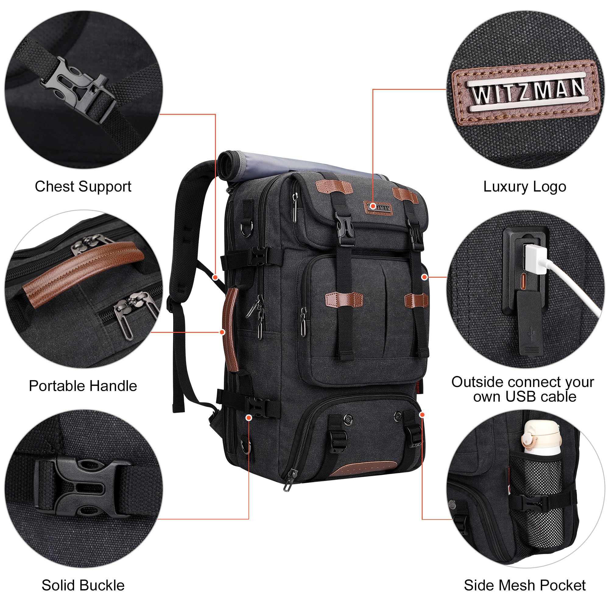 WITZMAN Canvas Reiserucksack Herren 40L Vintage 3-in-1 mit Laptopfach | USB-Anschluss, mehrere Fächer und flexible Tragemöglichkeiten, ideal für Reisen, Arbeit und Kurztrips, A8013 Schwarz