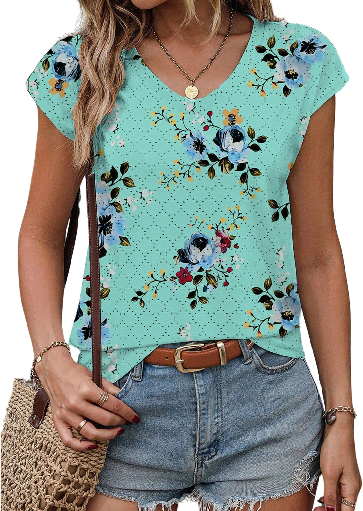 Zeagoo2025 Women's Tank Top V Neck Eyelet T Shirts Cap Sleeve Tops Loose Fit Blouses Dressy Casual Summer Basic Shirts