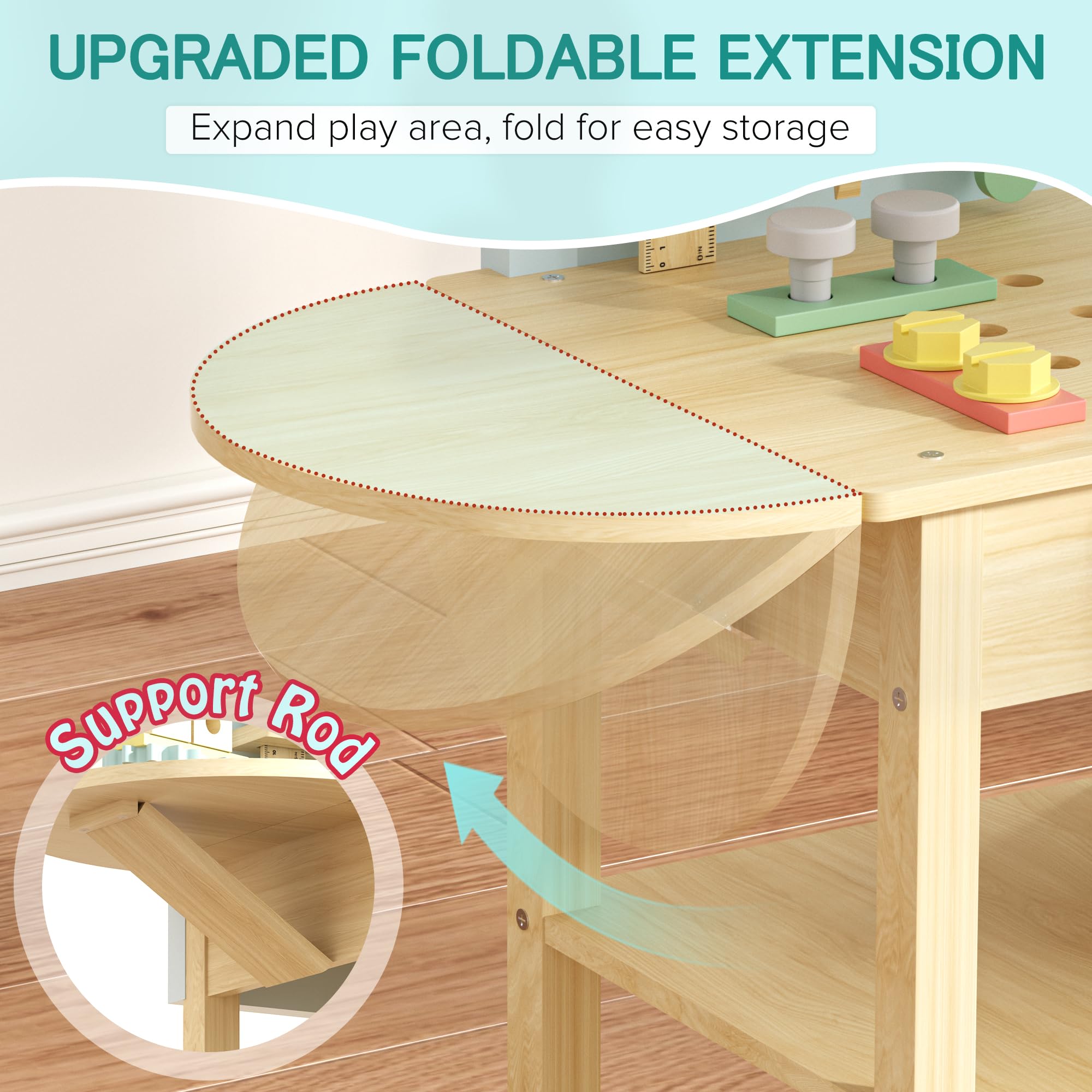 Large Wooden Workbench for Kids with Upgrade Extension Panel - Pretend Play Tool Set/Realistic Accessories, Extra Workspace & Sturdy Design for Little Builders