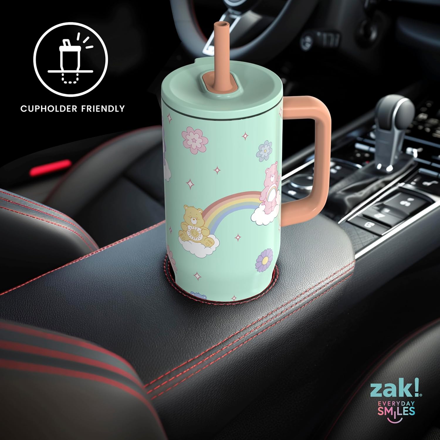Zak Designs Care Bears Sutton Travel Tumbler for On the Go, 30oz Stainless Steel with Vacuum Insulation, Silicone Straw, and Carry Handle for Cold Drinks (Care Bears) - Image 6