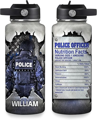 Vista 17 de Hyturtle Botella de agua personalizada de policía, botella de acero inoxidable aislada de 18 onzas, 32 onzas, bandera de línea azul fina, regalo