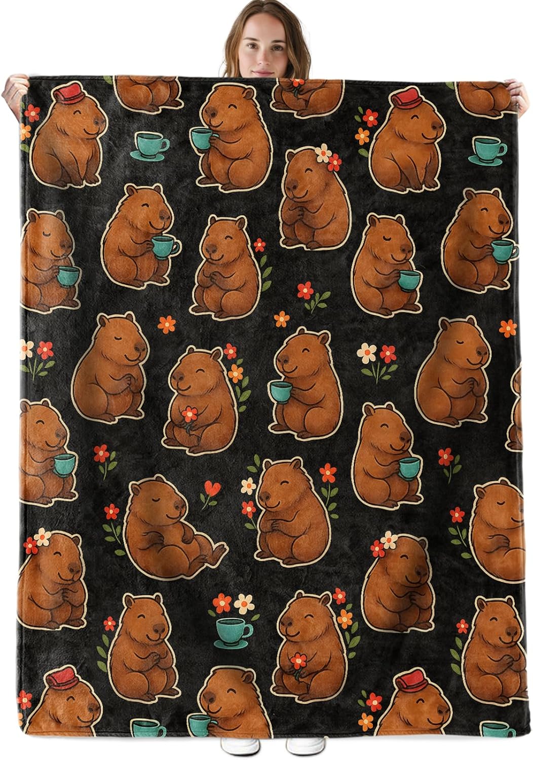 Adorable Capybara Flannel Throw Blanket 50x60 Inch, Coffee Cup and Floral Blankets, Retro Cartoon Home Decor for Bed Couch Tent Travel Picnic Camping, Thoughtful Gifts for Animal Lovers