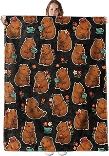 Adorable Capybara Flannel Throw Blanket 50x60 Inch, Coffee Cup and Floral Blankets, Retro Cartoon Home Decor for Bed Couch Tent Travel Picnic Camping, Thoughtful Gifts for Animal Lovers