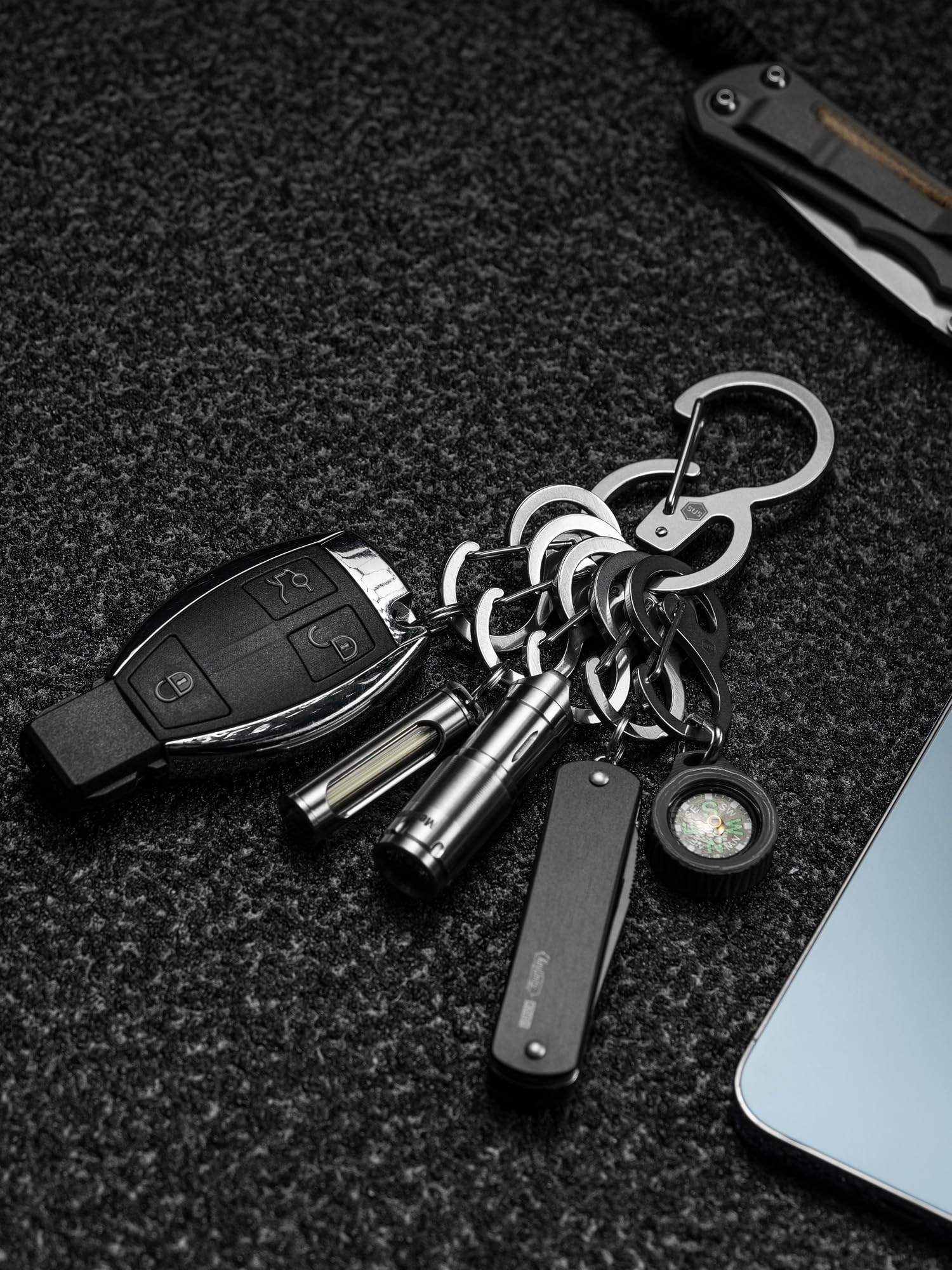 KeyUnity KS in acciaio inossidabile, clip a moschettone a sgancio rapido per chiavi, torcia, coltello pieghevole e fischietti