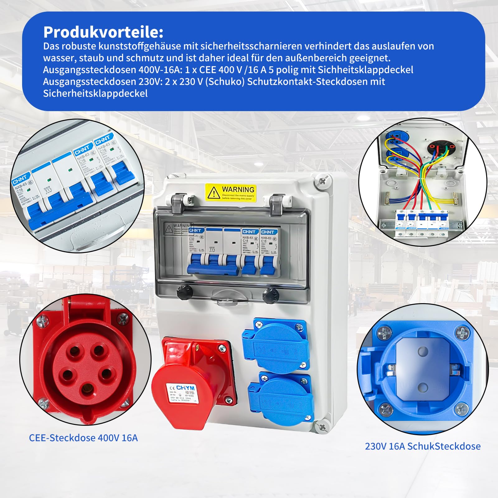 Baustromverteiler 16a verteiler Bausatz,Wandverteiler,Steckdosen, IP54 Wasserdicht Stromverteiler Steckdose, für Indoor/Outdoor-Bereich,Werkstätten und Fabriken (1x32a_2x16A_230V mit FI und LS)