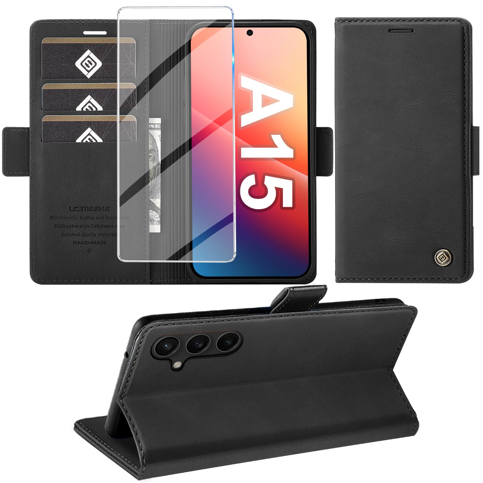 Giyer Handyhülle für Samsung Galaxy A15 5G Hülle mit Schutzfolie, Schutzhülle Galaxy A15 4G/5G PU Leder Wallet Flip Case Standfunktion Kartenfach Klapphülle für Samsung A15 Full Cover (Schwarz)