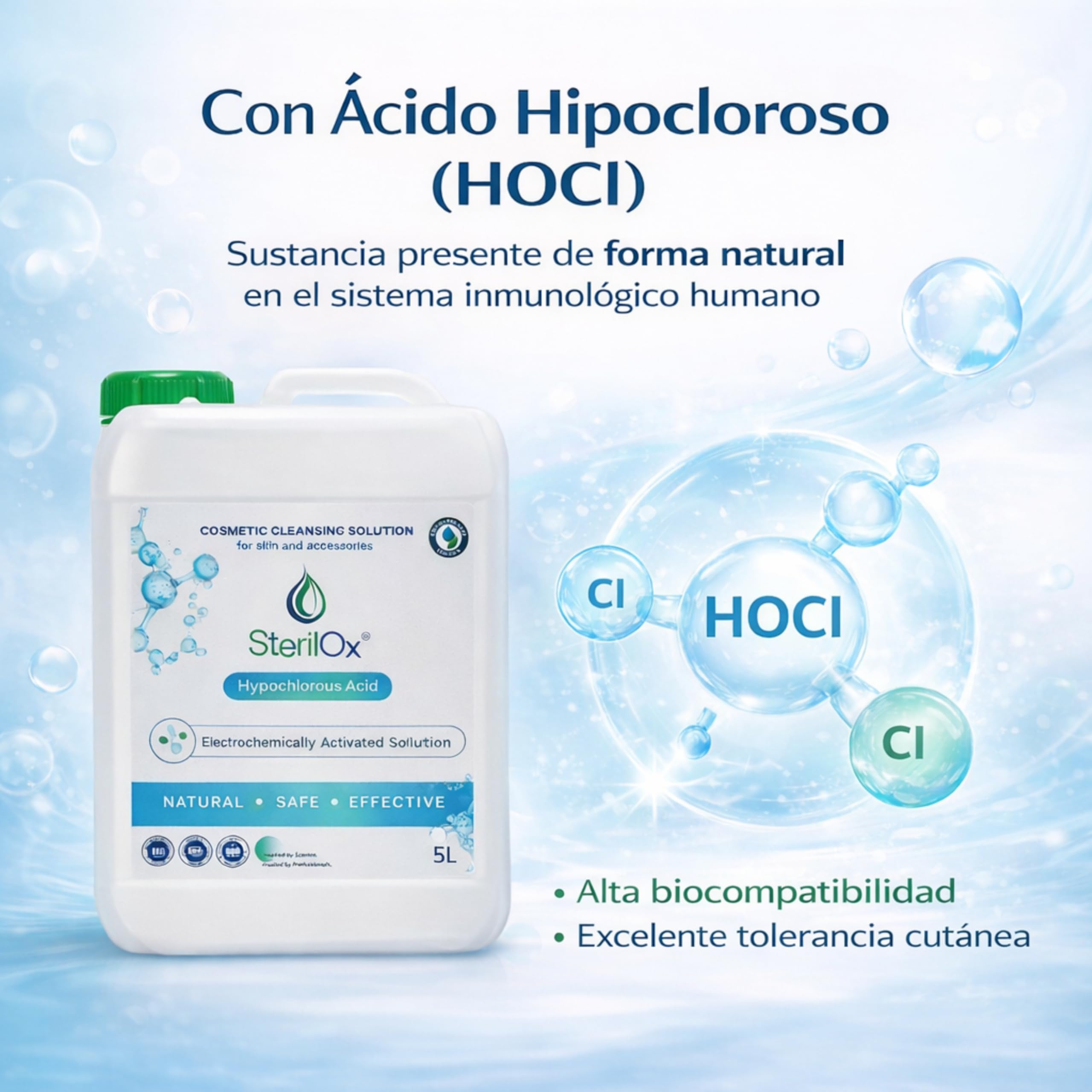 5L Solución Cosmética de Limpieza Higiénica para Piel y Superficies – Ácido Hipocloroso (HOCl), Sin Alcohol, Sin Perfume, Sin Aclarado, Uso Profesional y Doméstico