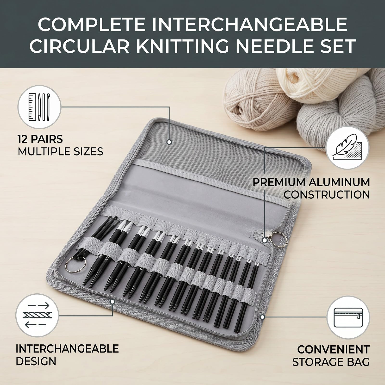Generic Austauschbares Rundstricknadel-Set, 12 Paar, Langlebige Aluminiumnadeln Zum Stricken von Socken, Decken und Babymützen, 3,0–8,0 Mm