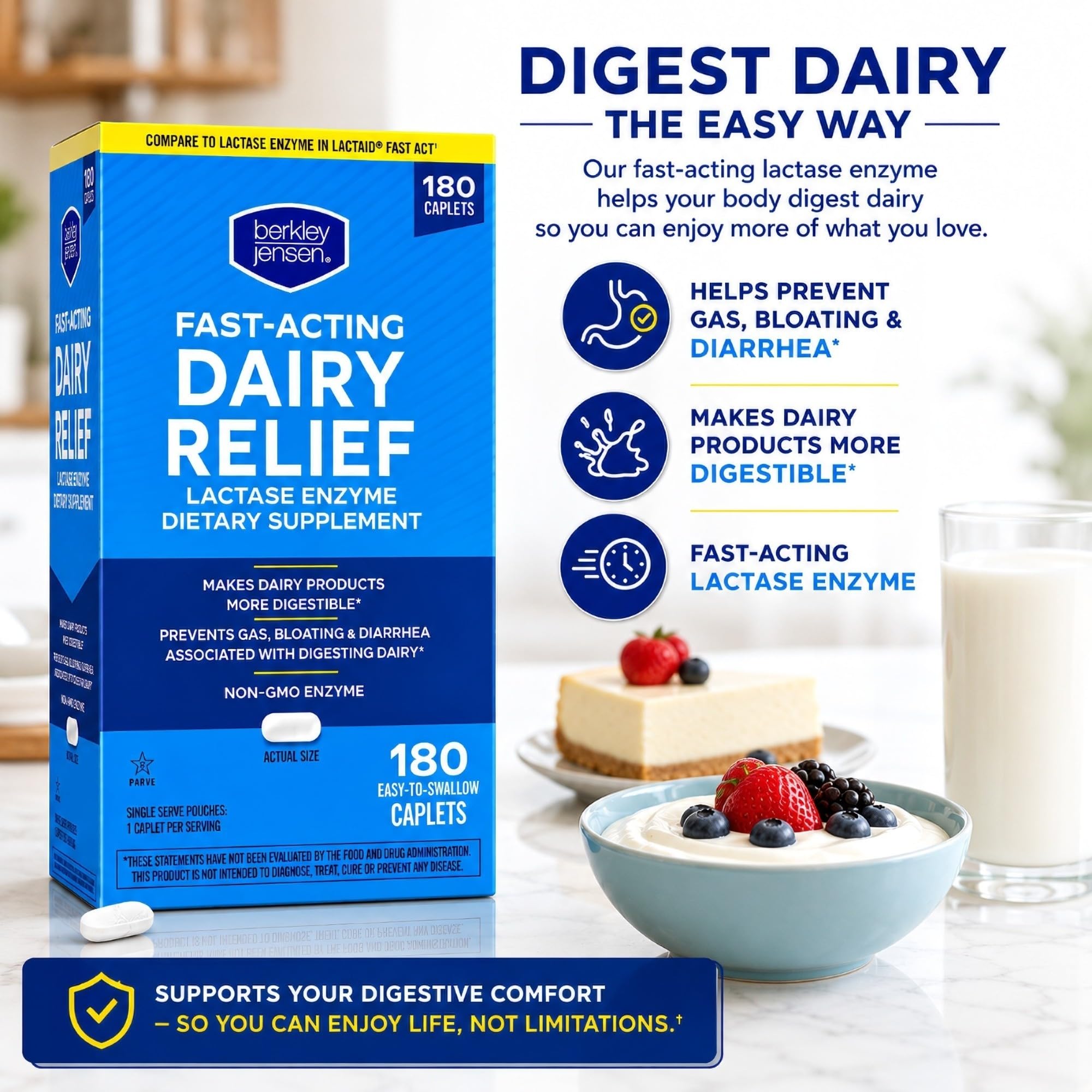 berkley jensen Maximum Strength Fast Acting Lactase Enzyme 9000 FCC - Natural Dairy Relief Digestive Supplement - Helps Prevent Bloating, Gas, Loose Bowels Due to Lactose Intolerance, 180 Tablets — Amazon image 5