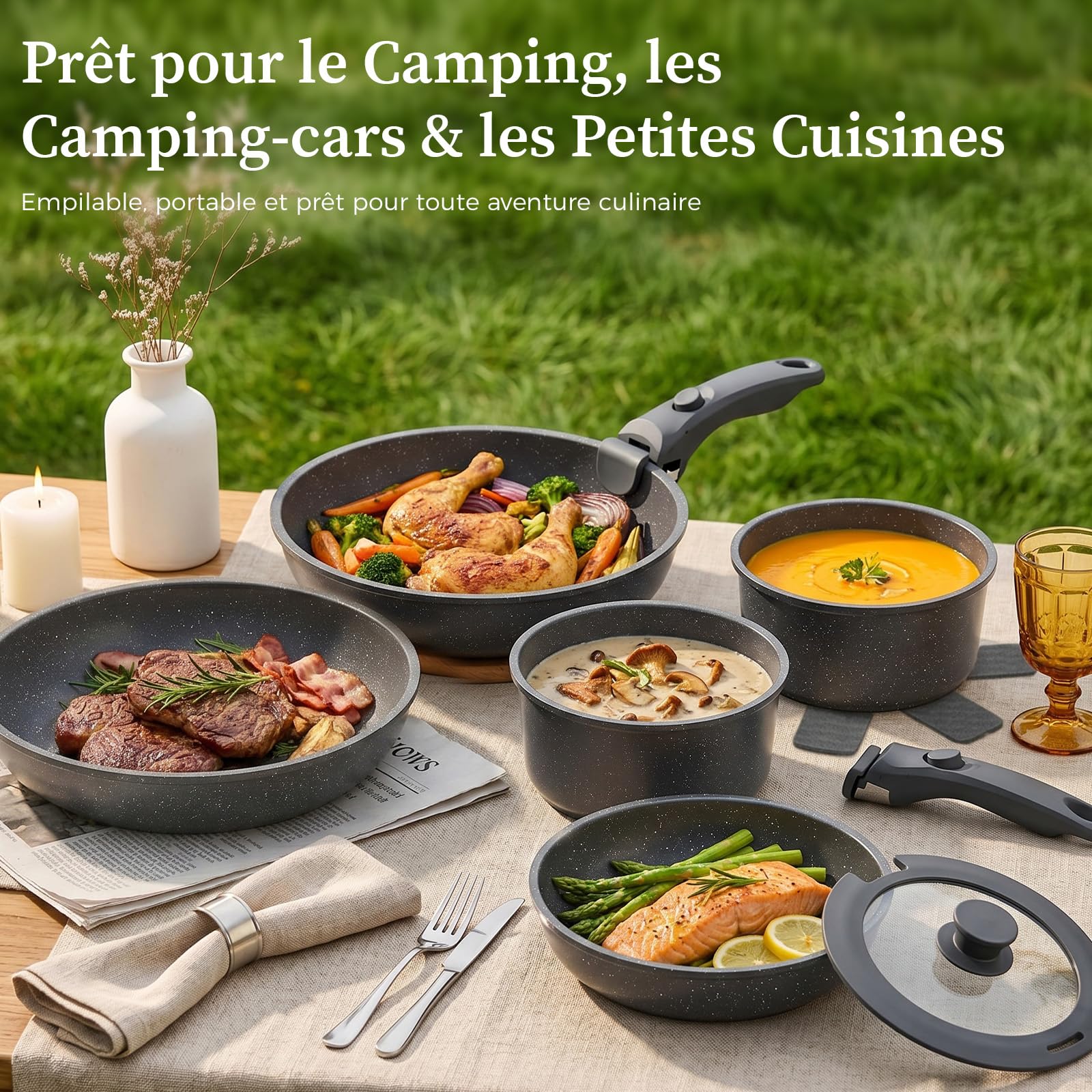 YASHE Batterie de cuisine 15 pièces, non toxique, sans PTFE ni PFAS | Ustensiles de Cuisine avec Poignée Amovible, Poêles et Casseroles Antiadhésives en Granite, Design Empilable Gain de Place