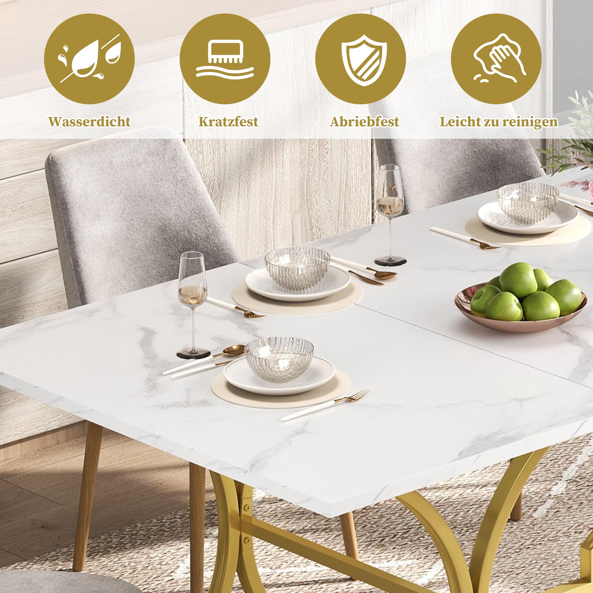 Tavolo da pranzo telescopico (200 x 80 x 76 cm), tavolo da pranzo allungabile, tavolo da cucina allungabile, salvaspazio, per cucina e soggiorno (bianco + oro)