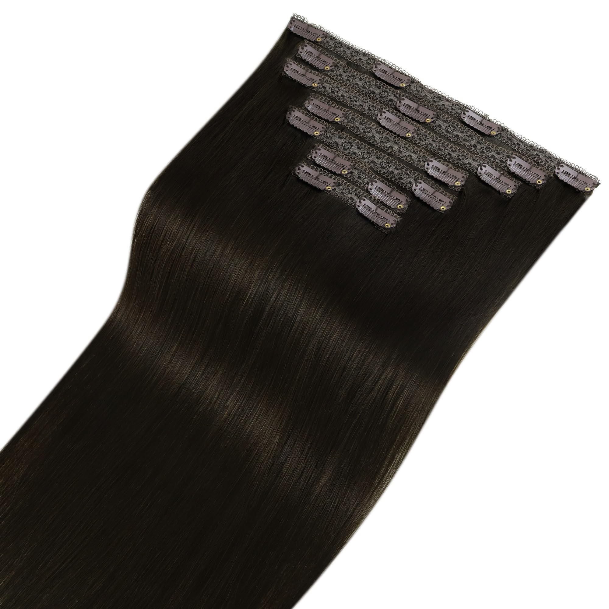 Fshine Extensiones Clip Pelo Natural 14 Pulgadas 35CM 120g Remy Extensiones Marrón Oscuro Extensiones de Cabello Humano 7 Piezas Cabello Clip con Extensiones de Pelo Natural Color 2