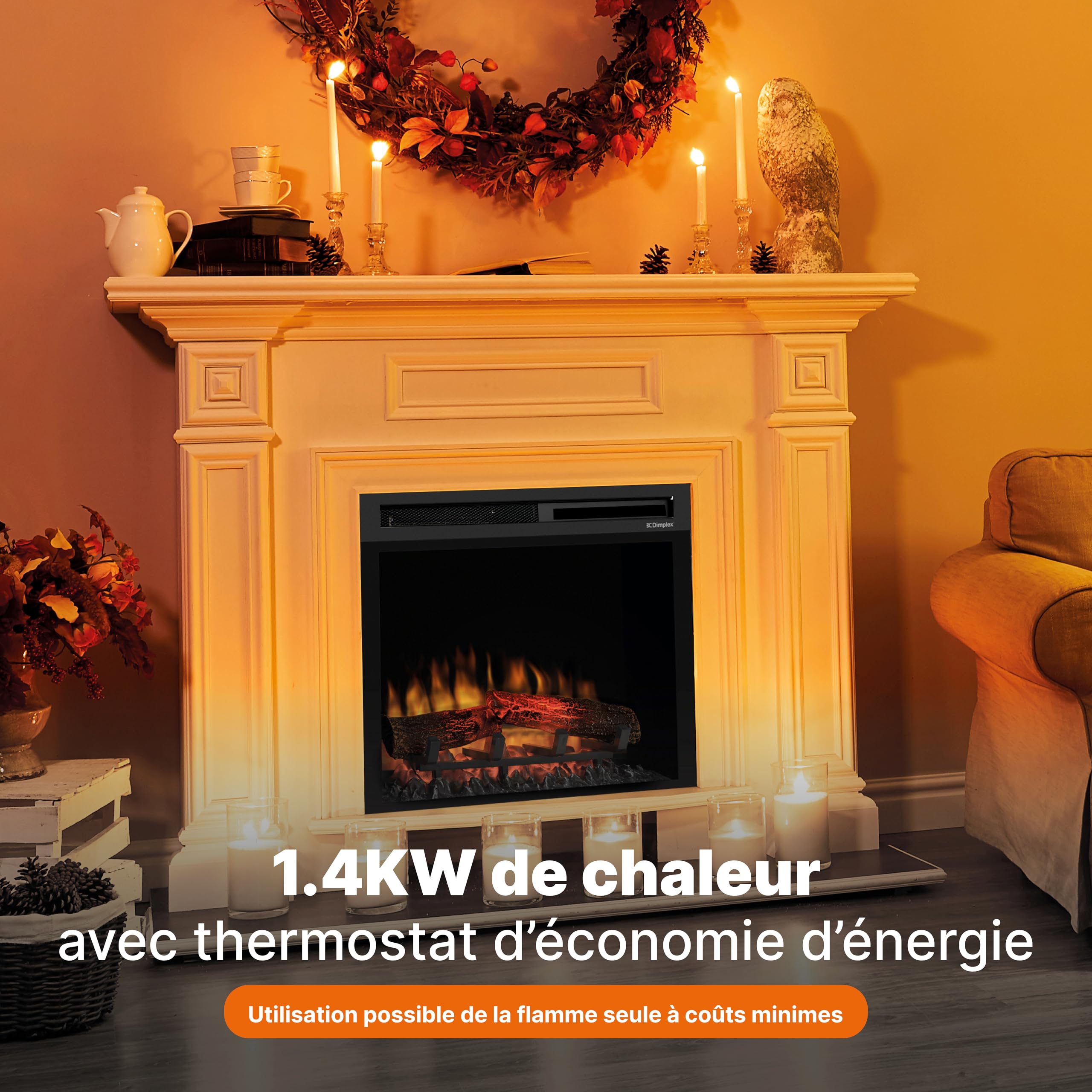 Dimplex Cheminée électrique XHD 23'' / 58 cm – Cheminée Murale avec Chauffage – 1400W – Effet de Flamme LED Optiflame – Chauffage activable – Télécommande Incluse